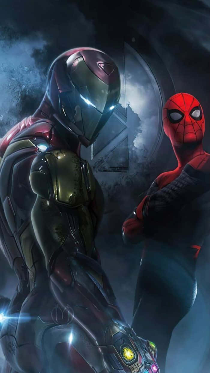 Iron Man and Spiderman facing off in an epic superhero fight Wallpaper