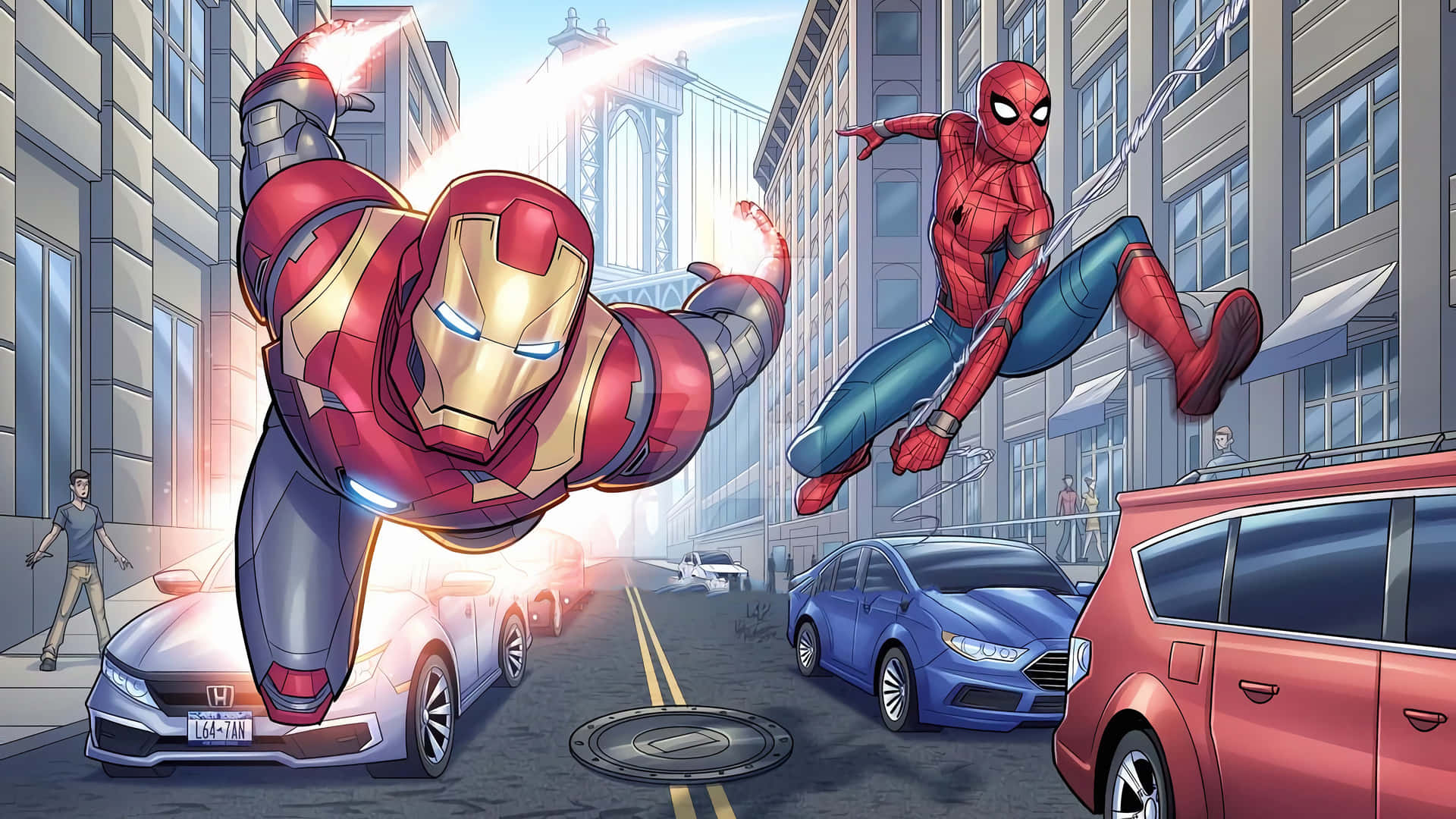 Versammelteuch! Spider-man Und Iron Man Schließen Sich Zusammen, Um Das Böse Zu Bekämpfen. Wallpaper