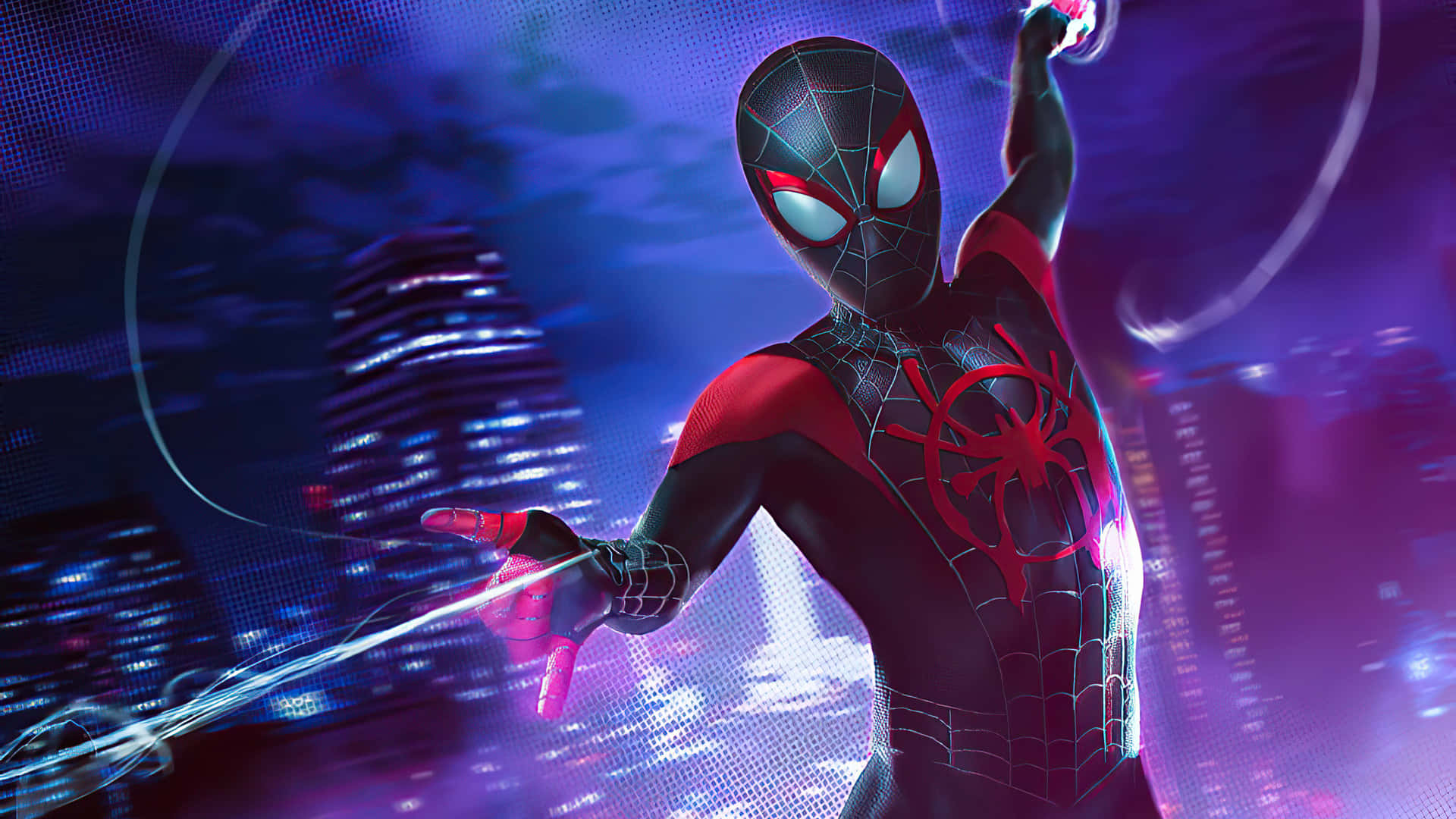 Listopara La Acción: Spiderman Se Balancea A Través Del Cielo Nocturno