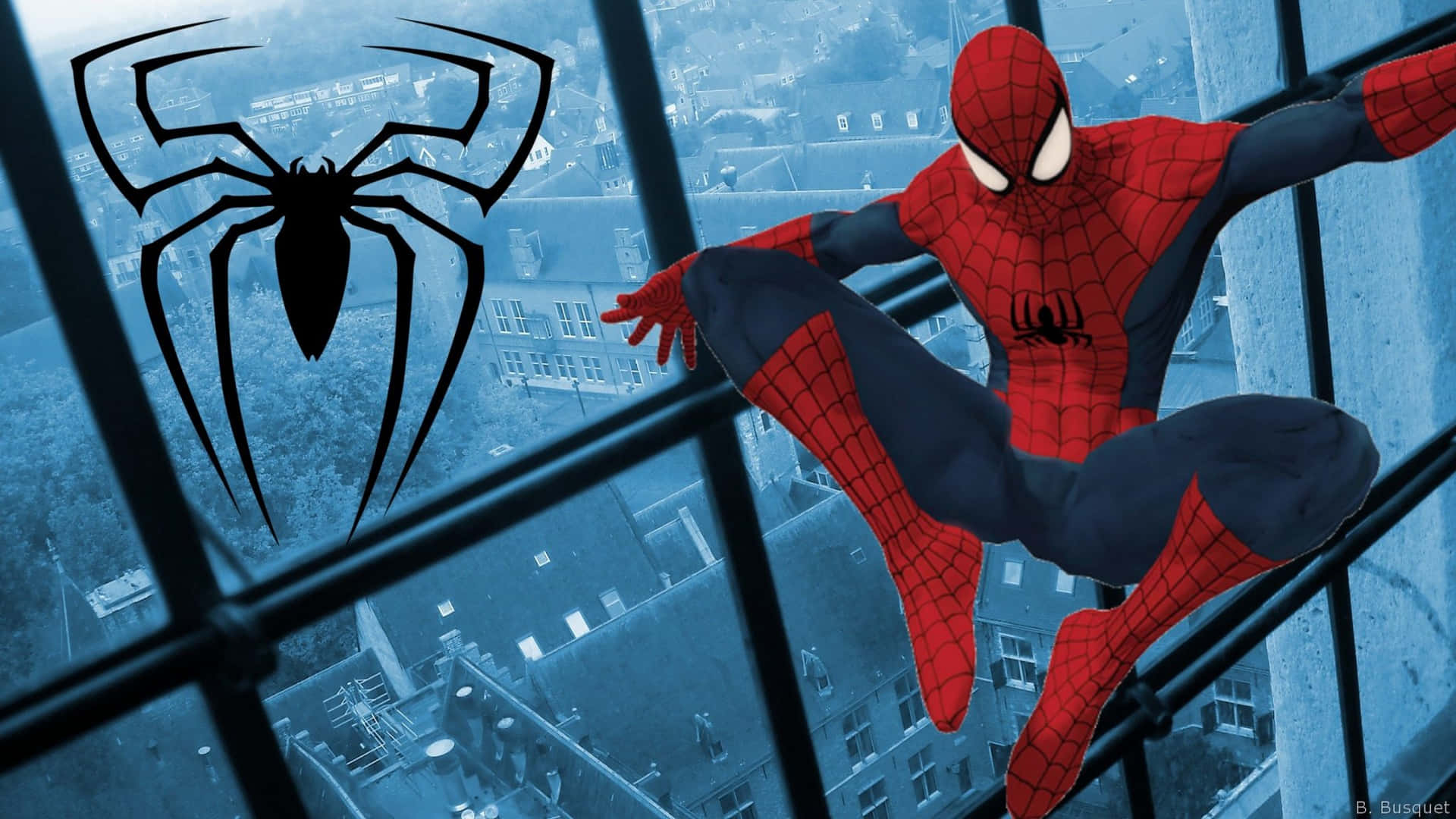 Spiderman Azul Balanceándose Alto En La Ciudad Fondo de pantalla