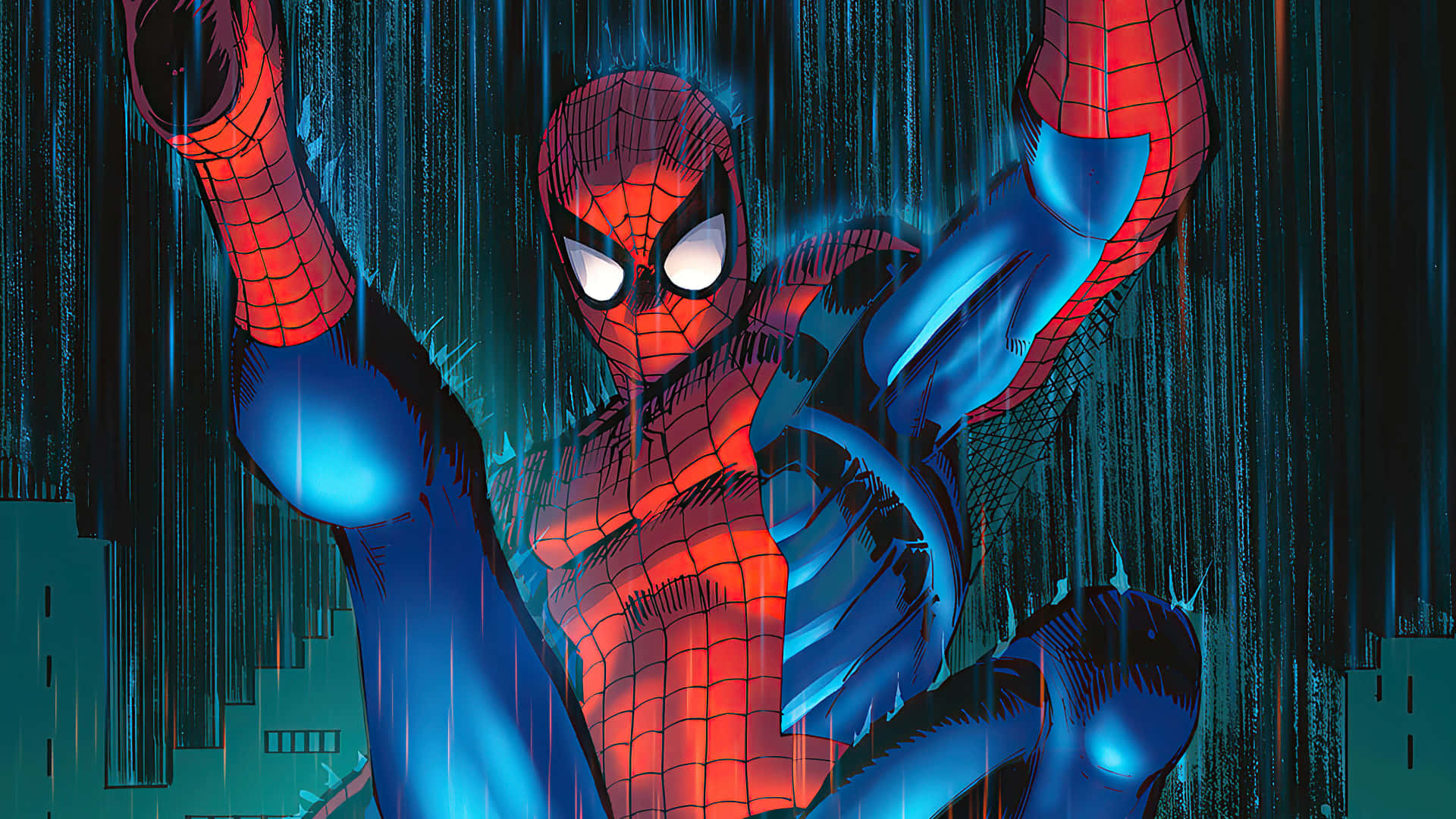 Spiderman En Traje Azul Balanceándose Por La Ciudad. Fondo de pantalla