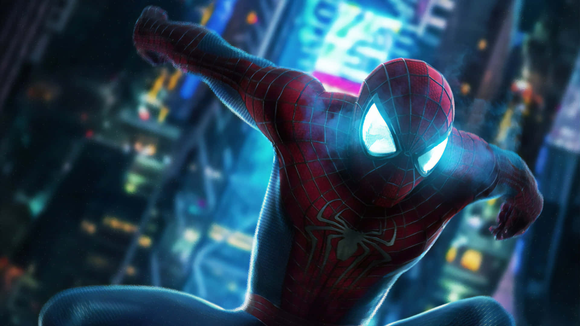 Spiderman En Azul Balanceándose Por La Ciudad. Fondo de pantalla
