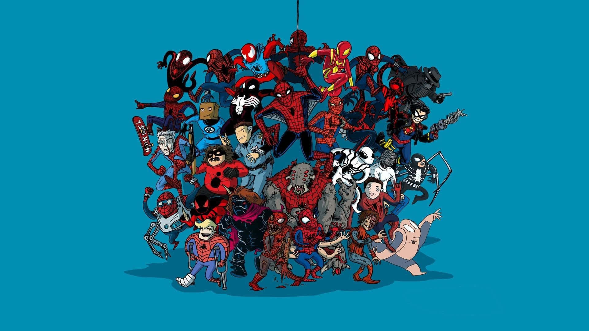 Spider - Man And His Friends Hanging From A Blue Light Wallpaper