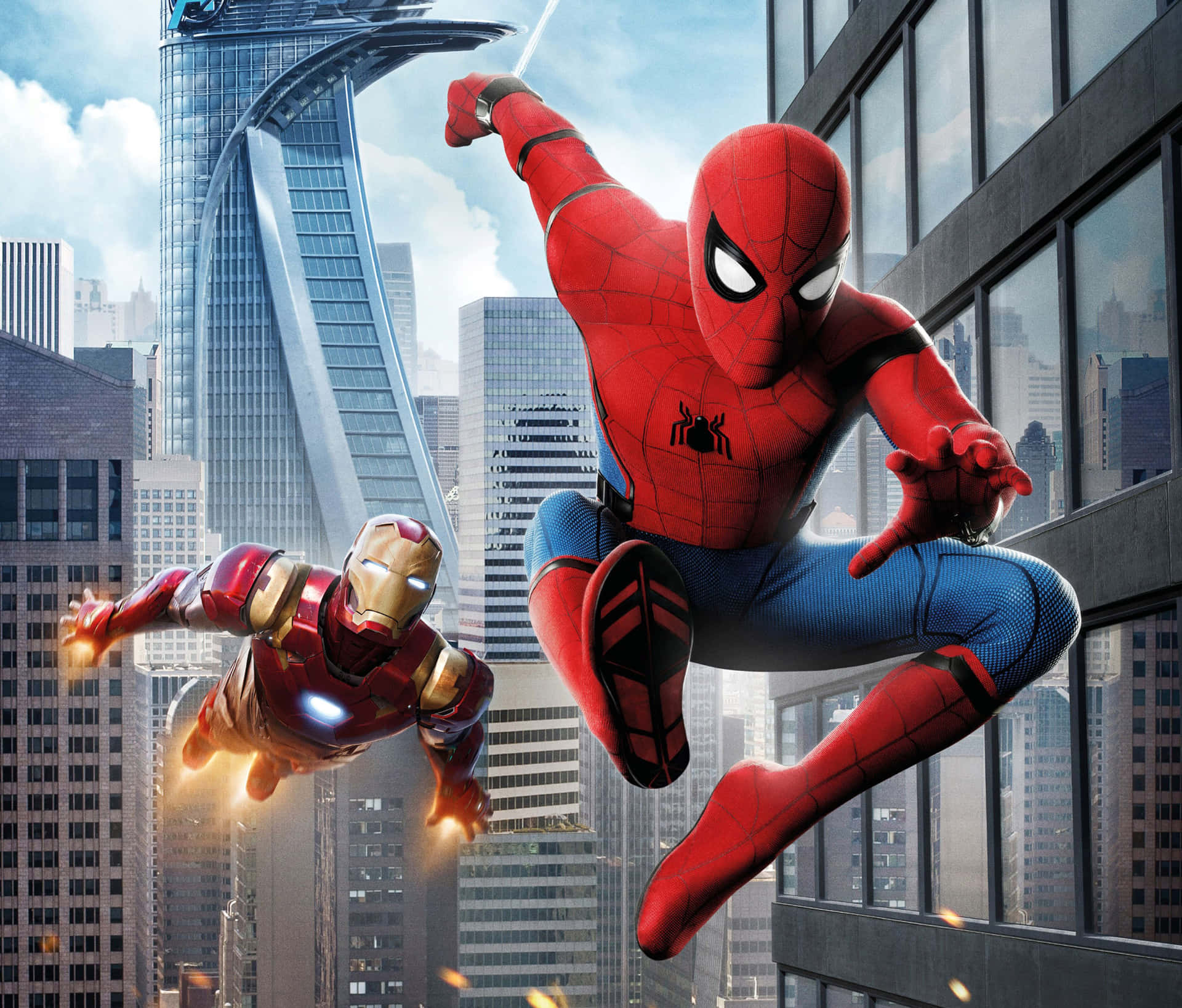 Spiderman Y Iron Man Volando En El Aire Fondo de pantalla