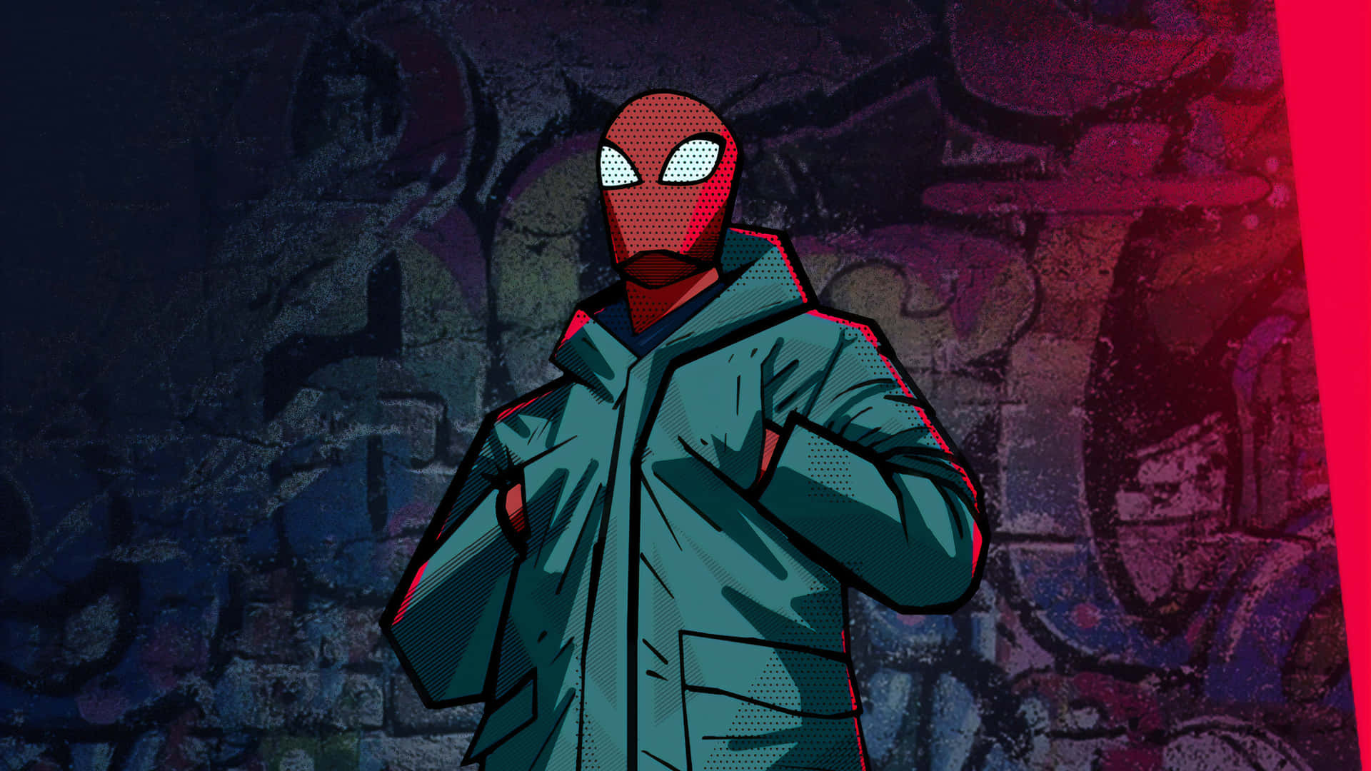 A Spider - Man In A Green Jacket Standing In Front Of Graffiti Wallpaper