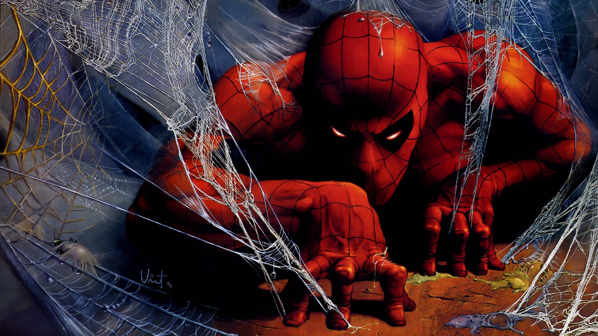 Spiderman Kriecht Mit Seinen Spinnweben. Wallpaper