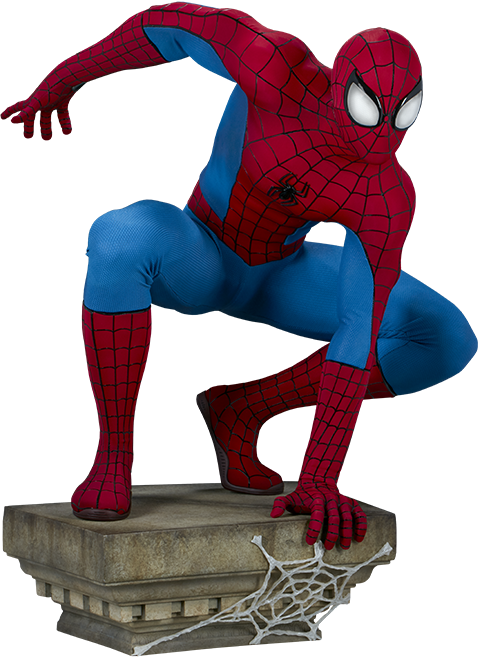 Spider Man_ Crouching_on_ Gargoyle_ Statue PNG — Spider-Man crouches dynamically on a stone pedestal with a web dangling below his hand.
