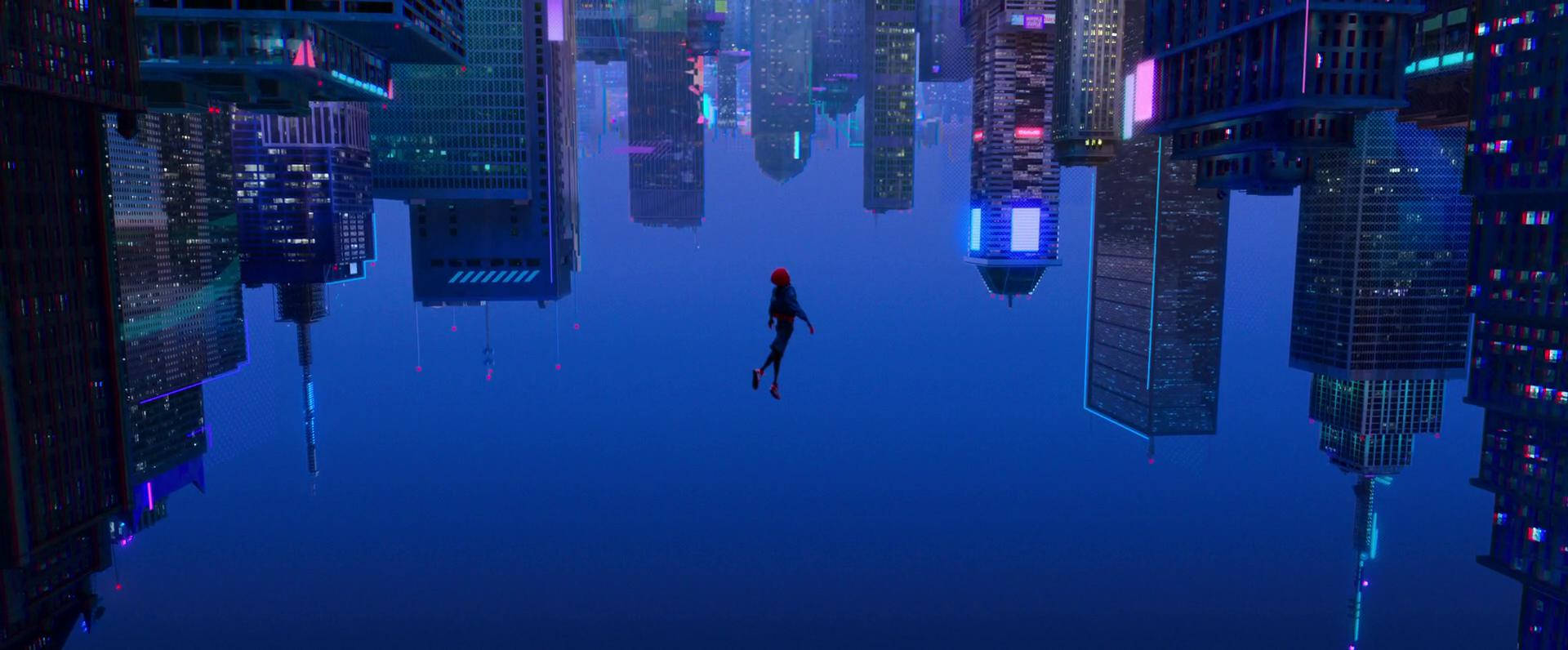 Spider Man Into The Spider Verse With Buildings Wallpaper