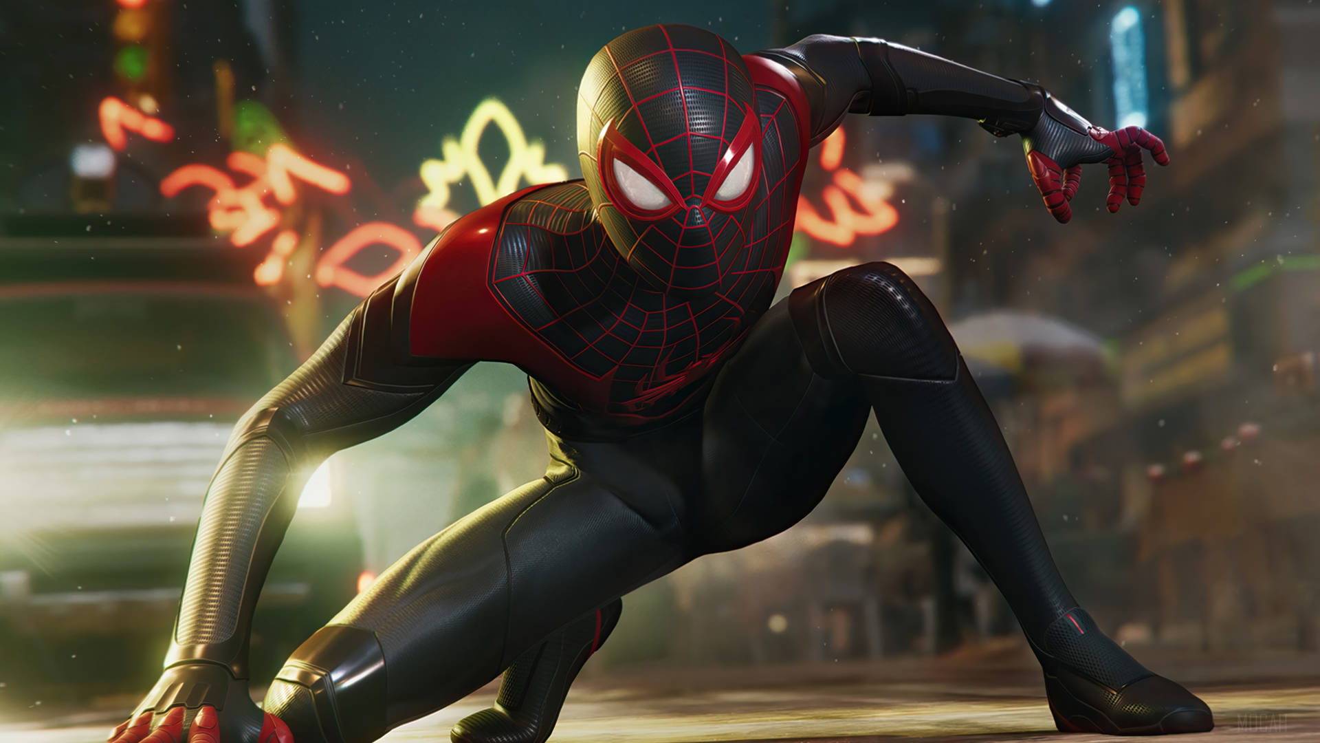 Spiderman Miles Morales Arrodillado En Ps5 Fondo de pantalla