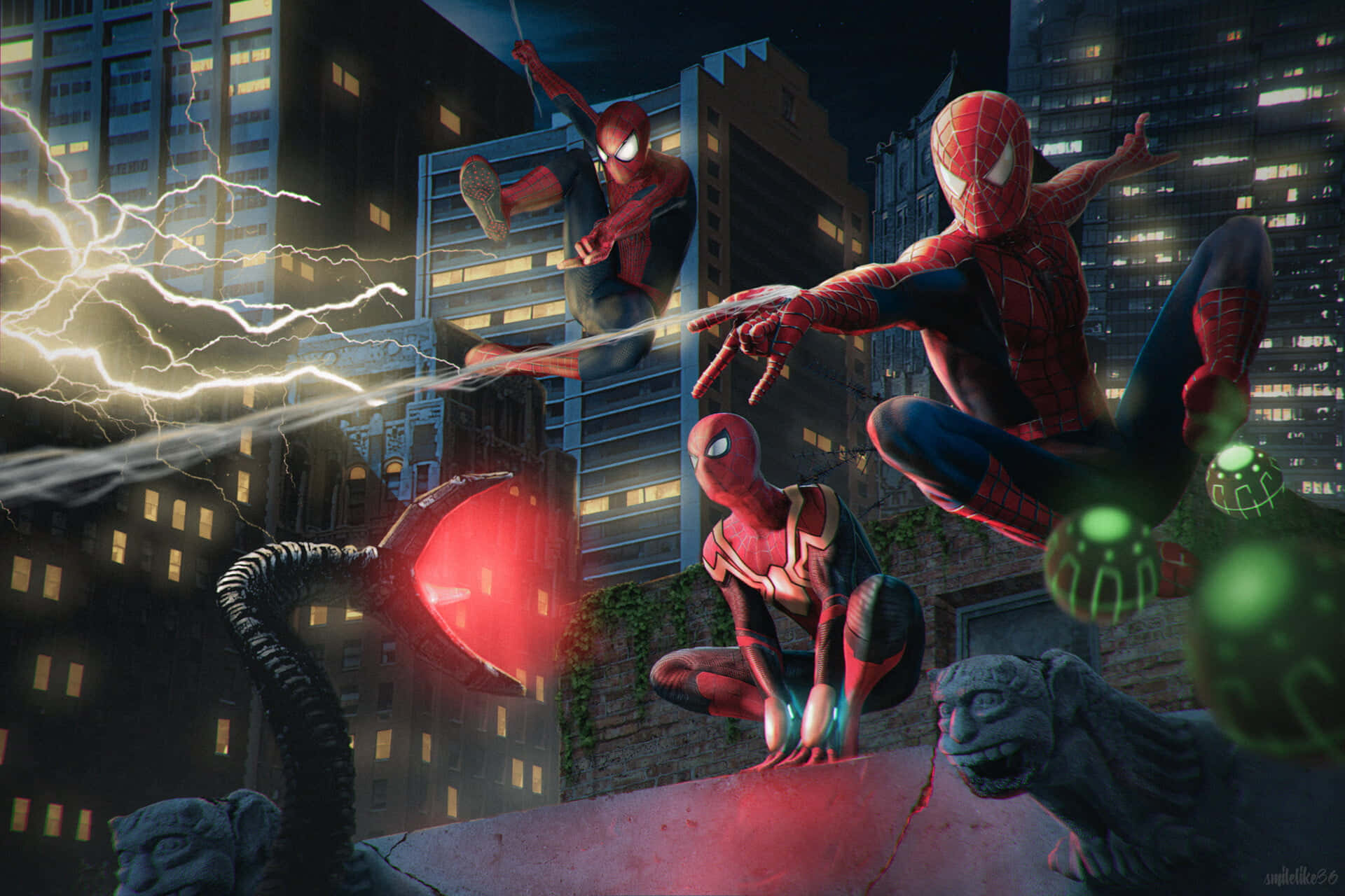 "Intense Spider-Man No Way Home scene showcasing Spider-Man against a dark city backdrop."