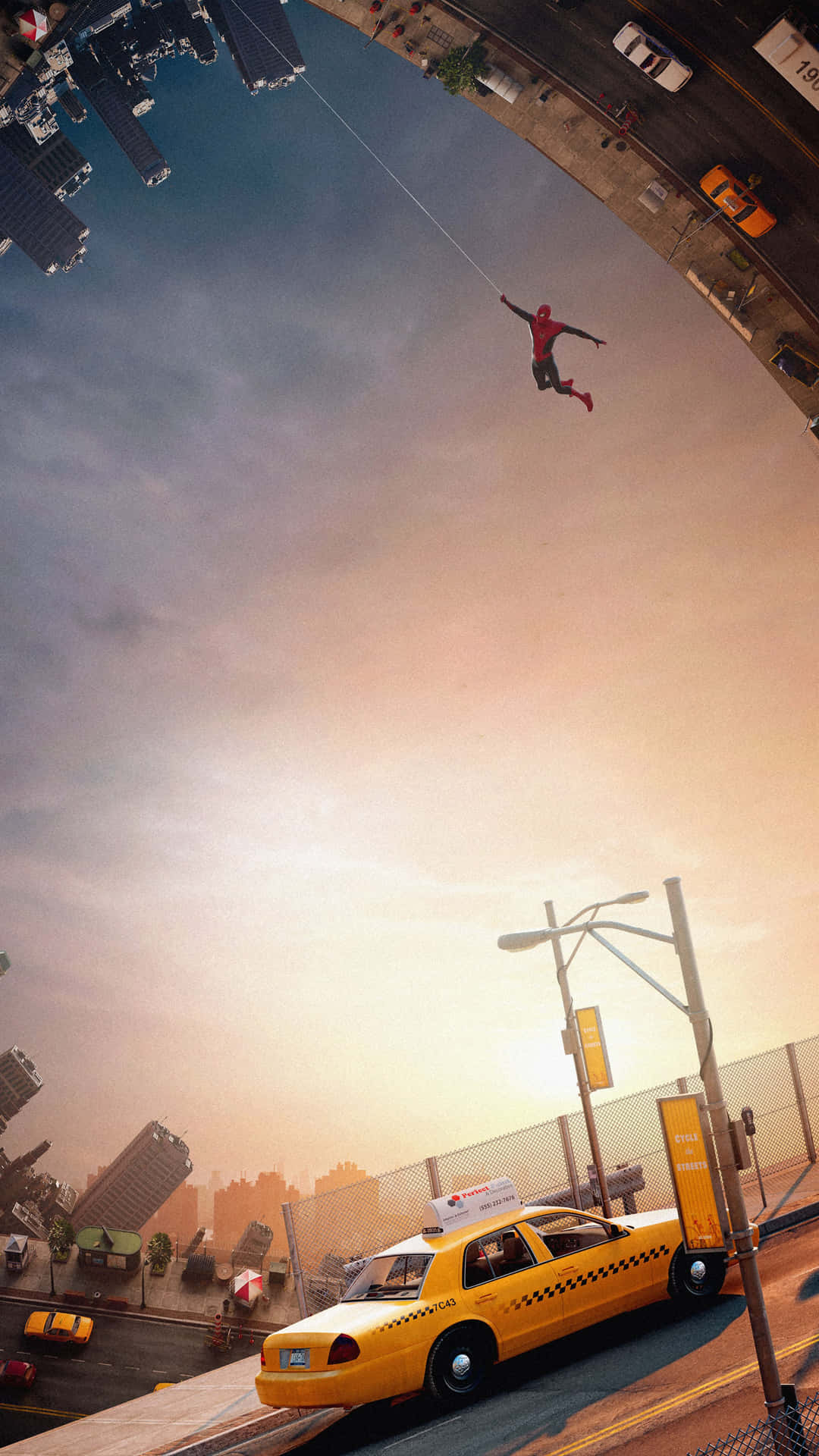Spiderman crawling through the city streets, ready for whatever comes his way.