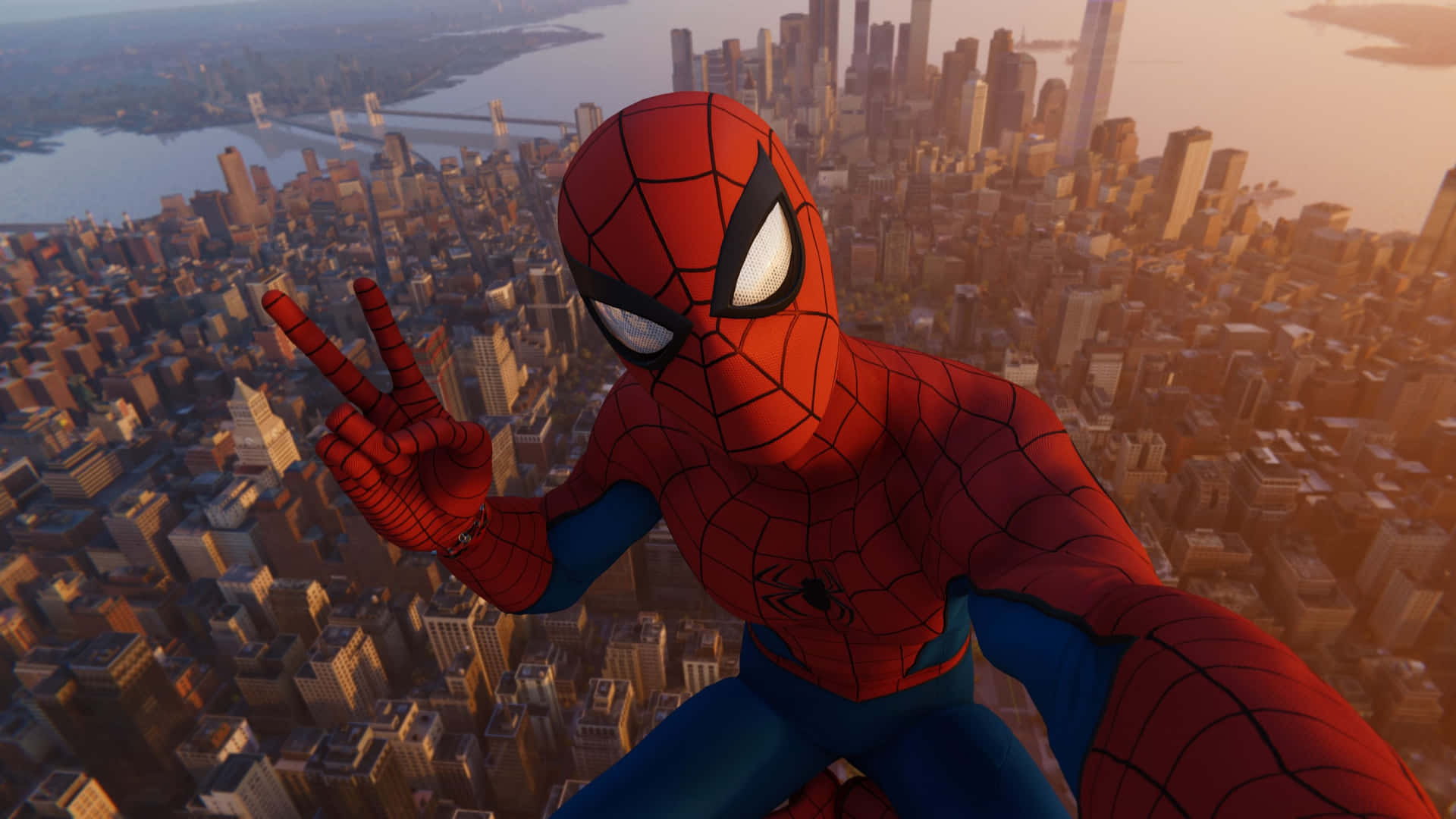 Spiderman Ps4 En 4k Con La Señal De Paz Y Selfie En El Juego De Video Fondo de pantalla