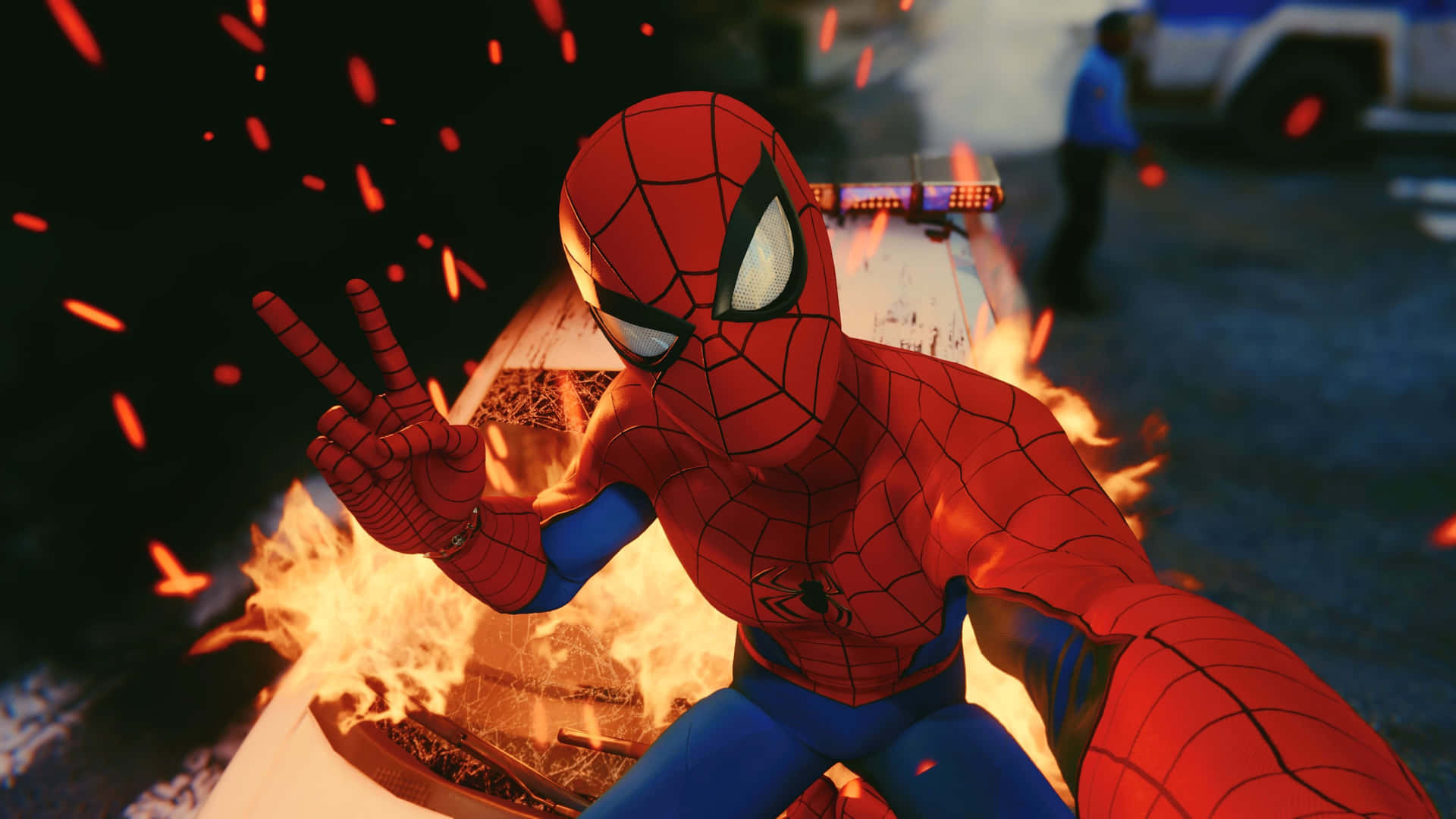 Fondode Pantalla De Spider Man Ps4 En 4k Con La Pose De Paz Y Explosión De Fuego. Fondo de pantalla