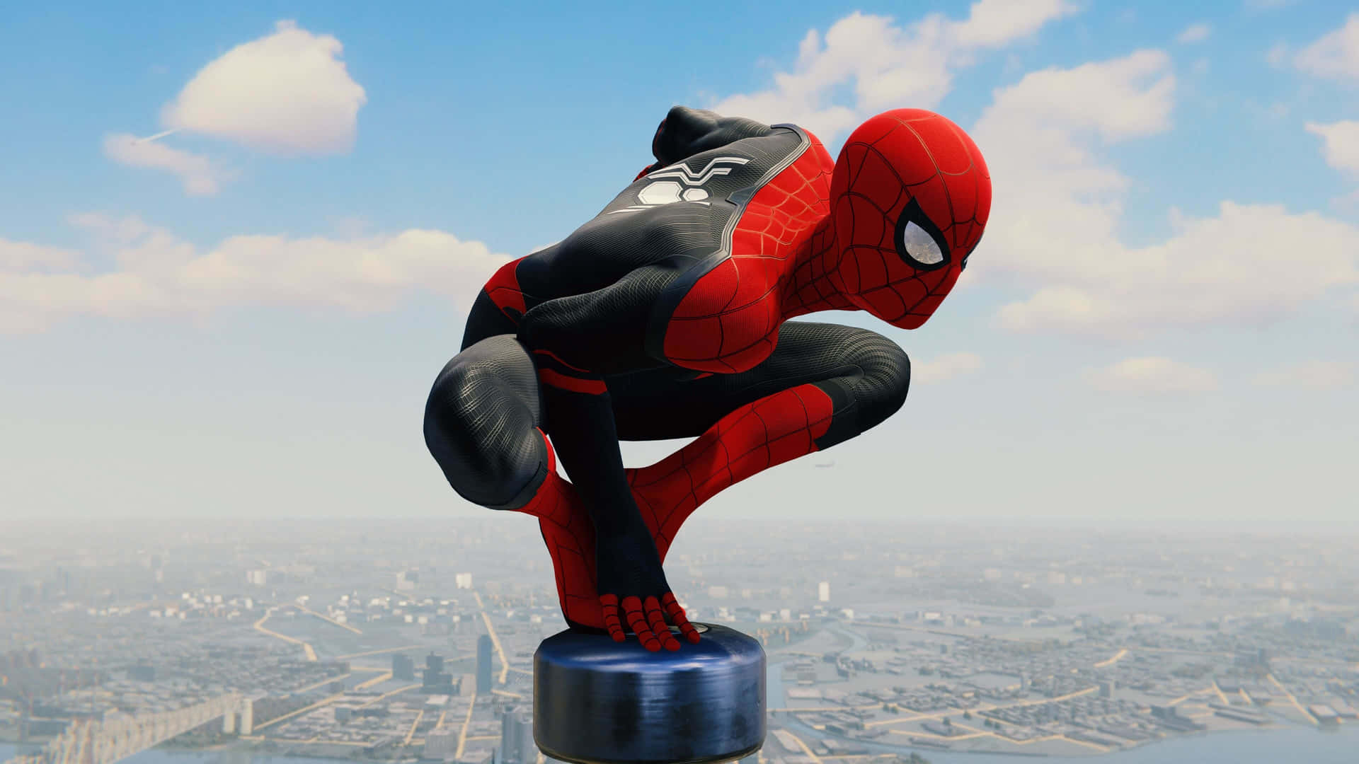 Spiderman Ps4 4k - Postura De Araña En La Torre De La Ciudad Fondo de pantalla