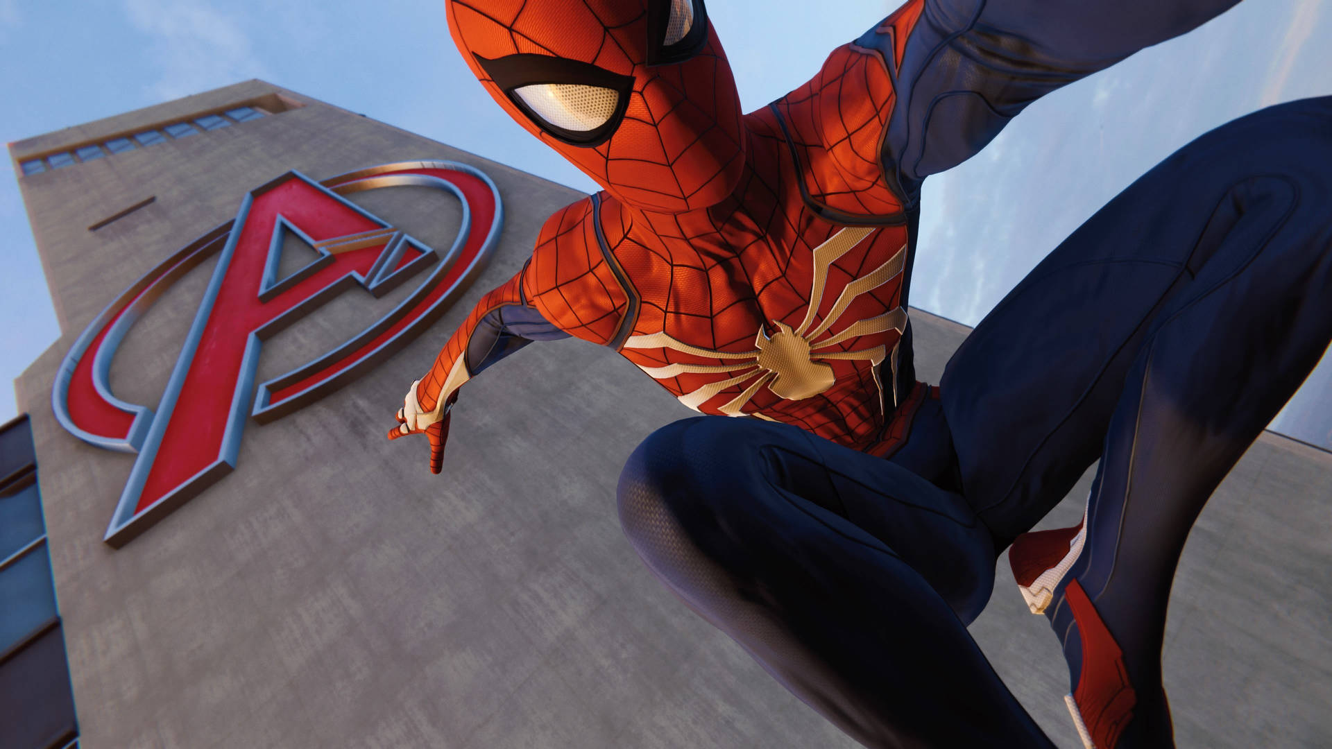 Spiderman Ps4 E Torre Degli Avengers Sfondo