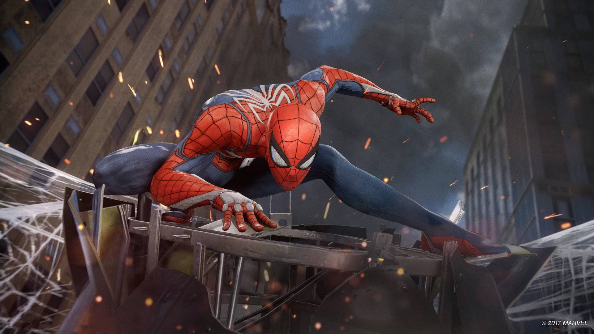 Spiderman De Ps4 Aferrado Al Edificio Fondo de pantalla