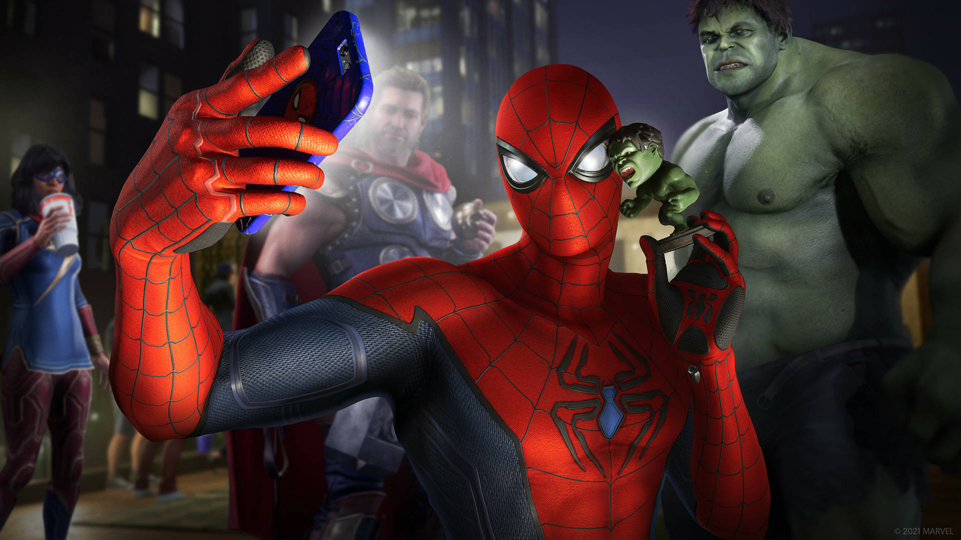 Spider-Man Selfie Marvel PC Tapet: Et monokromt billede af Spider-Man, der tager et selfie. Wallpaper