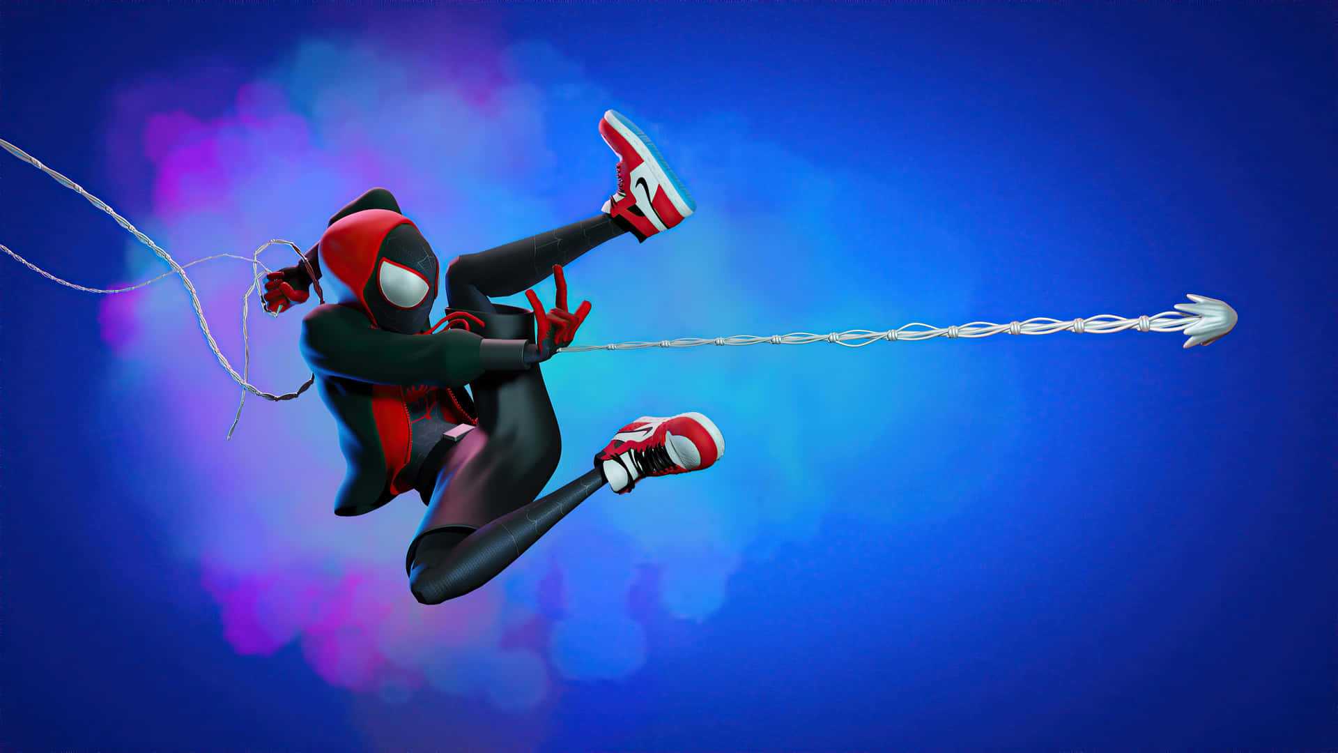 An impressive action shot of Spider-Man using his web shooter to swing through the city Wallpaper