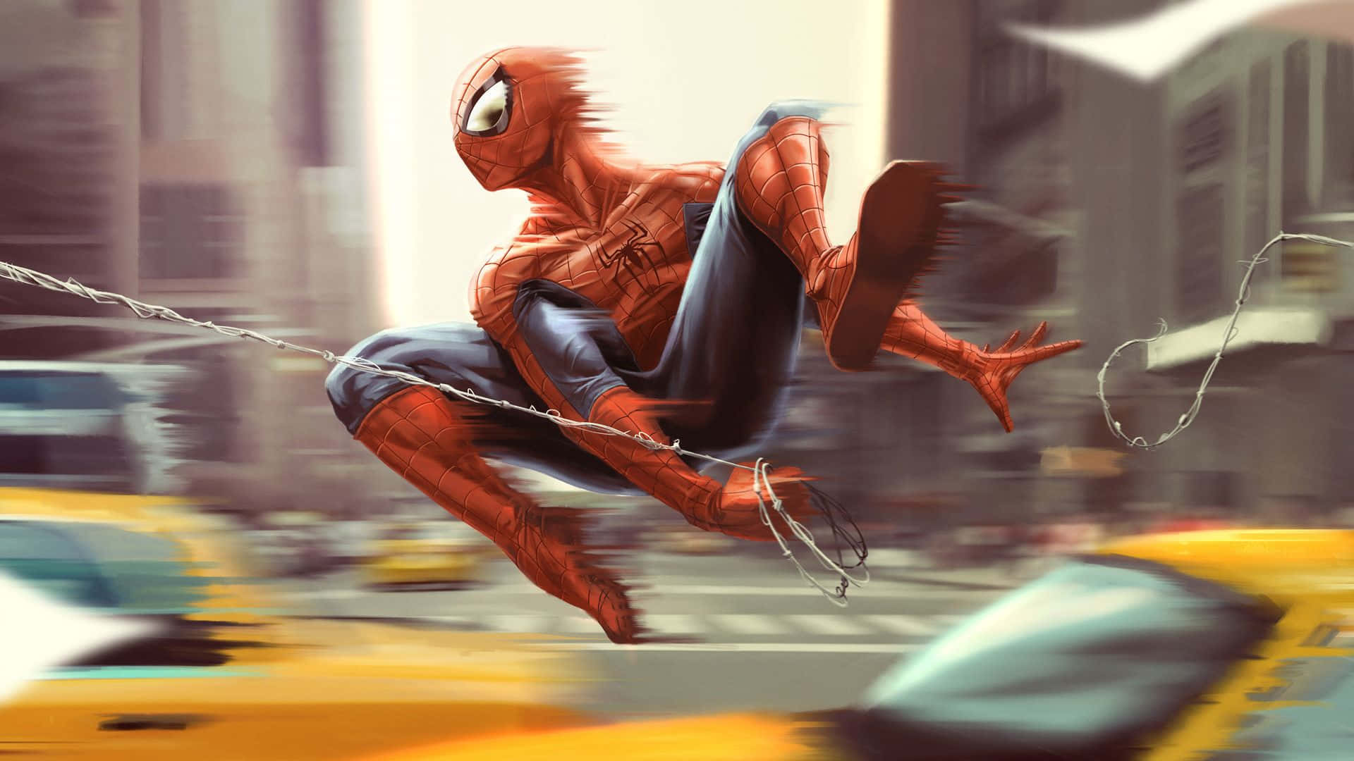 Spider-Man Swinging through the City Wallpaper