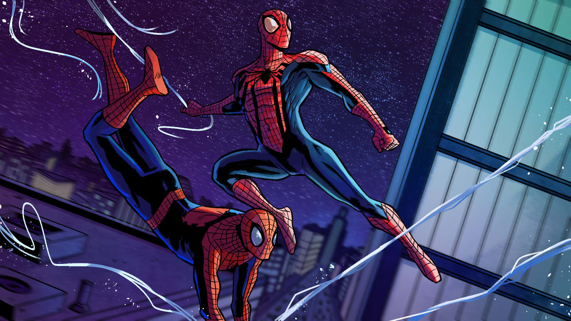 Fondode Pantalla De Alta Resolución De Spider-man Balanceándose Con Su Telaraña. Fondo de pantalla