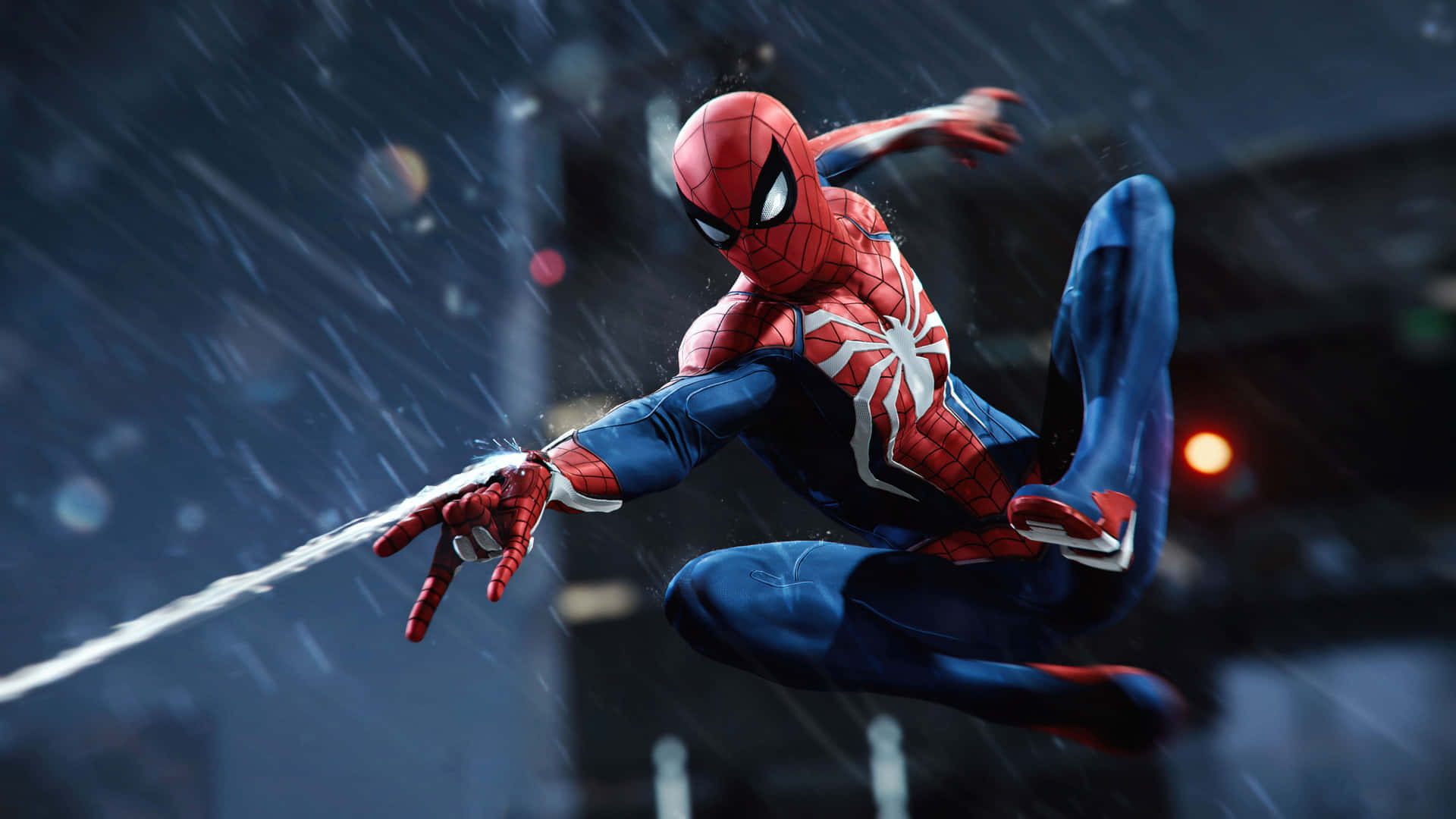 Spiderman Balanceándose Espectacularmente Por La Ciudad Con Su Telaraña Fondo de pantalla
