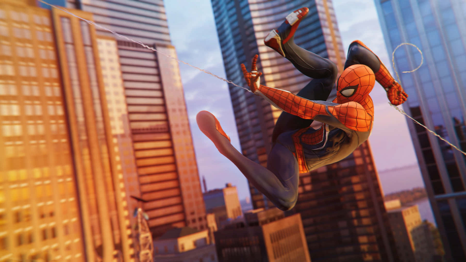 Spiderman Espectacular Balanceándose Entre Las Telarañas Por La Ciudad. Fondo de pantalla