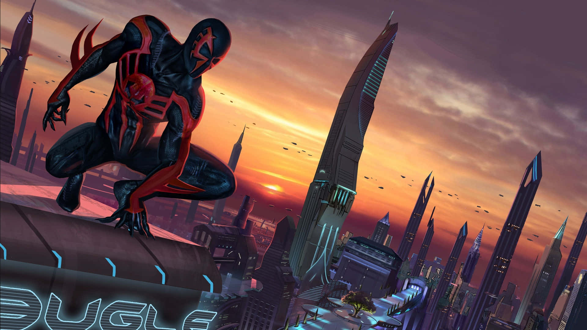 Spider Man2099 Overlooking Future Cityscape Wallpaper