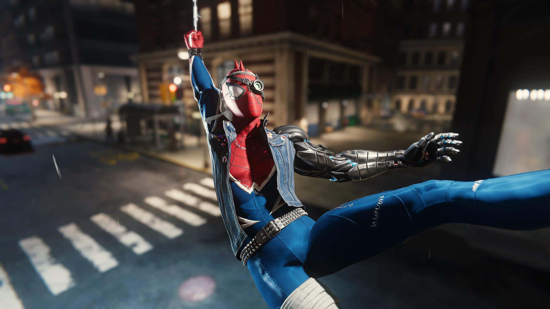Spider Punk Swinging Through City Wallpaper