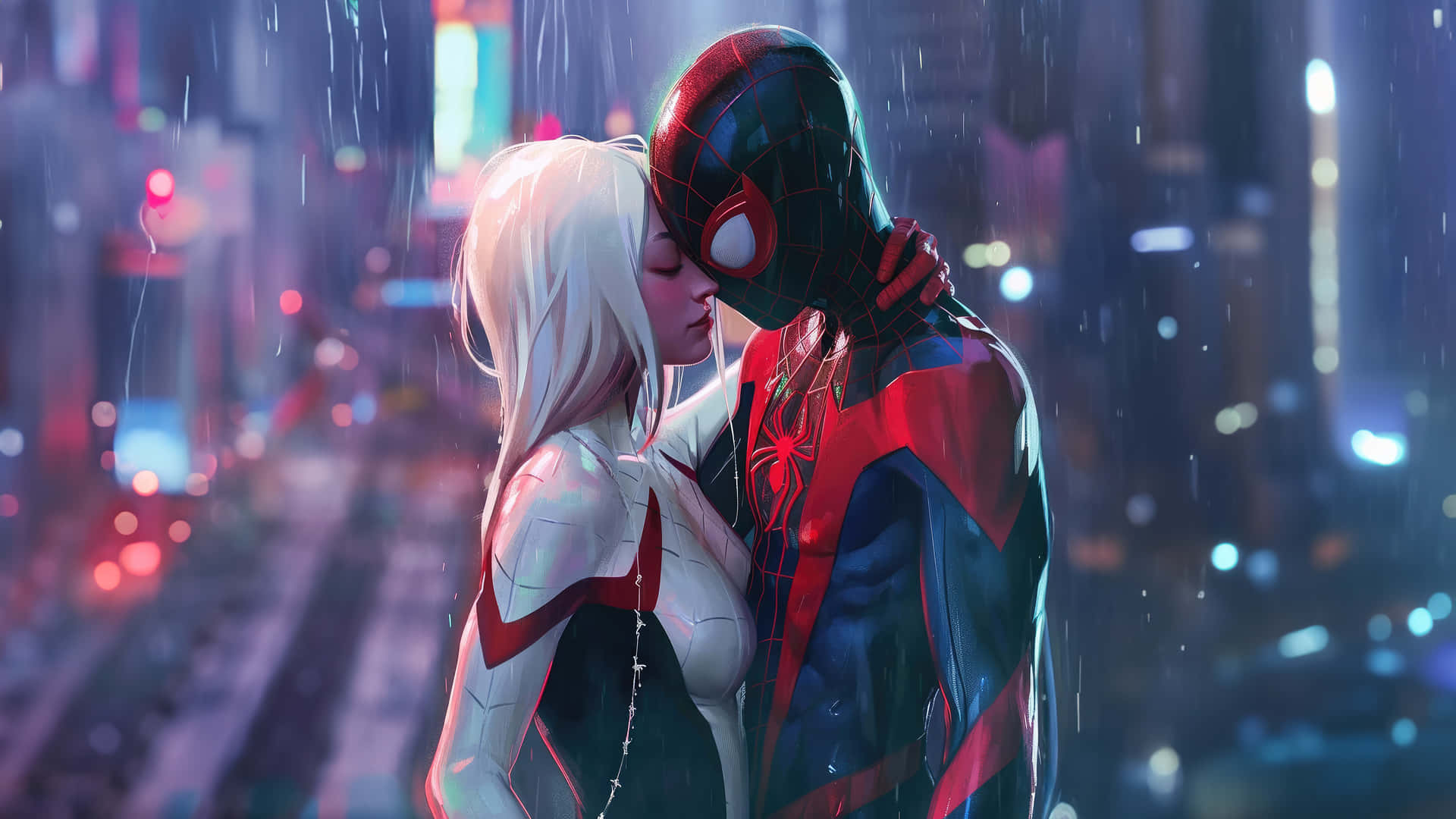 Spider Verse Milesand Gwen Romantic Moment Wallpaper