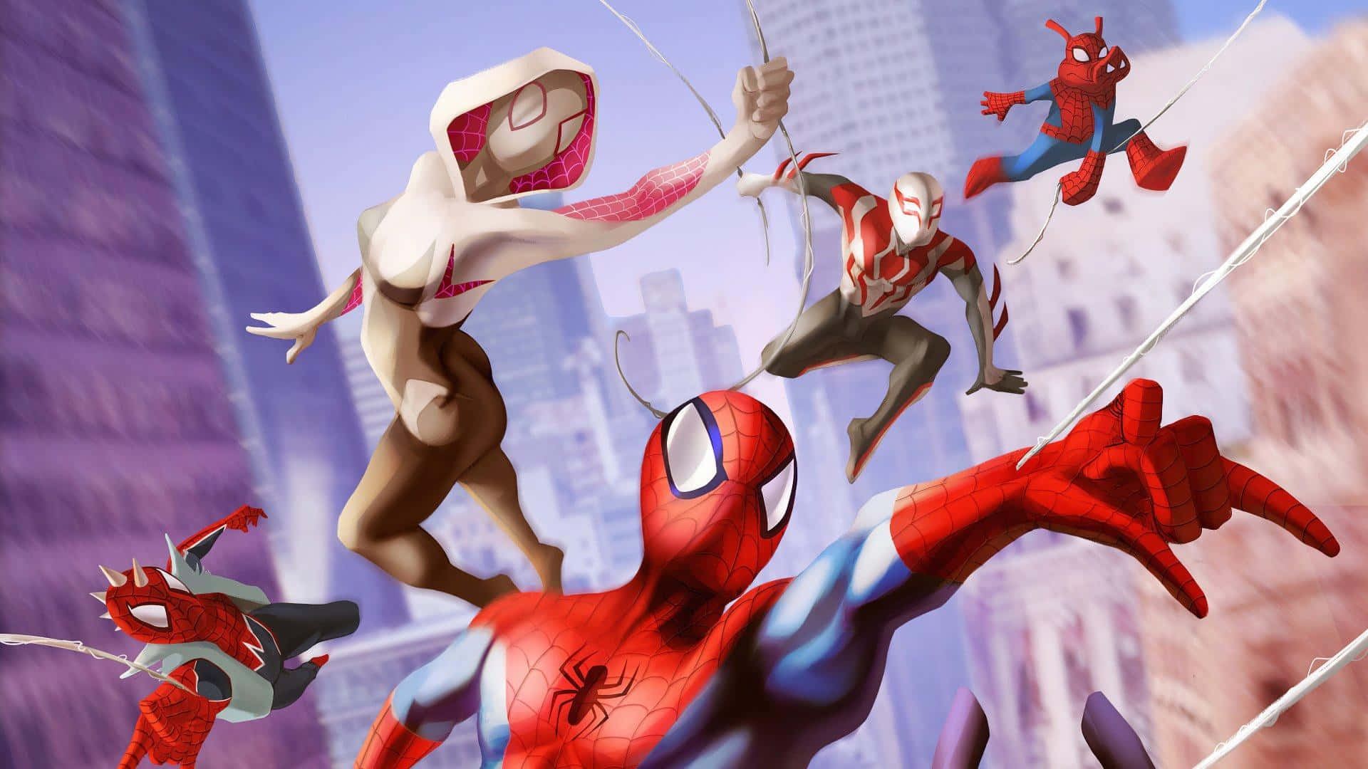 Spider Verse Team Swinging Action Wallpaper