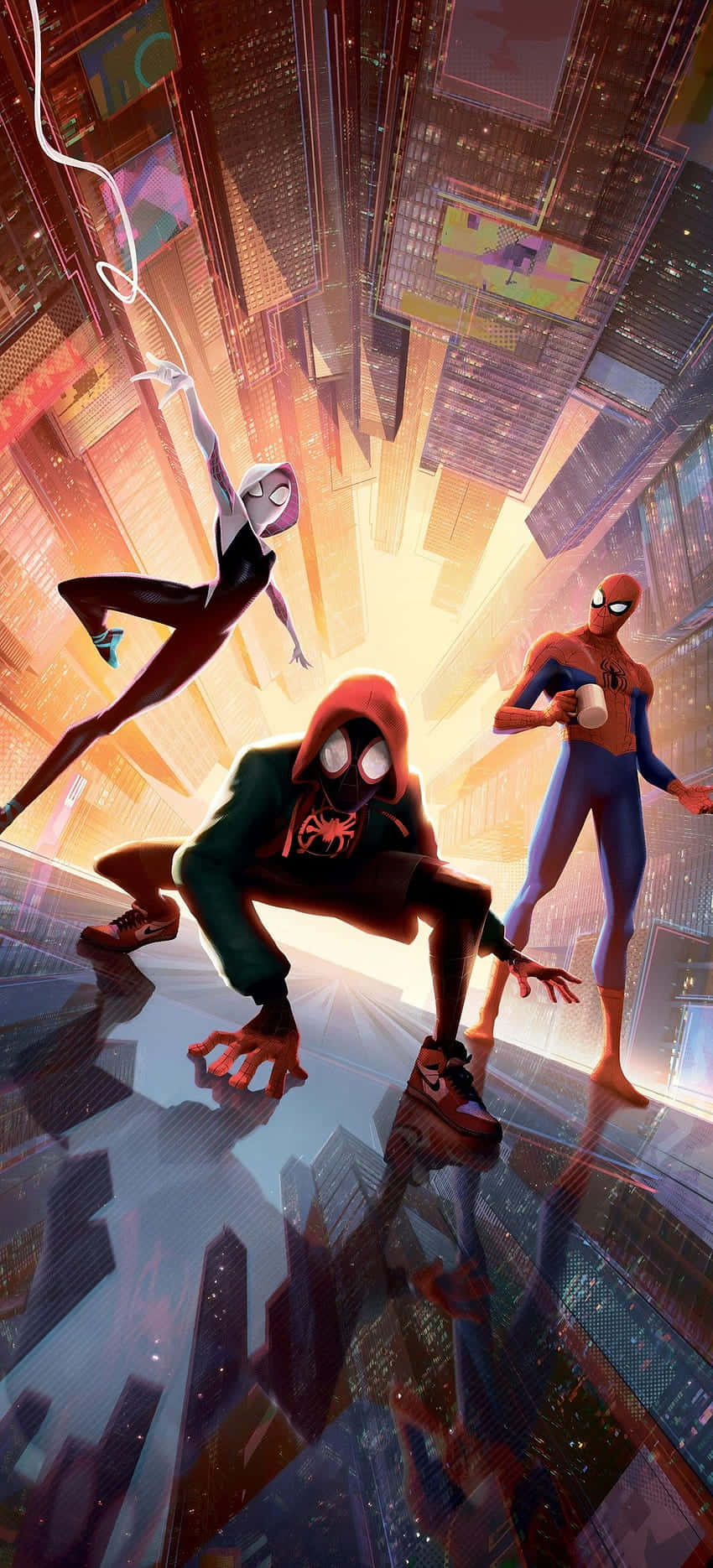 Spider Verse Trio Above Cityscape Wallpaper