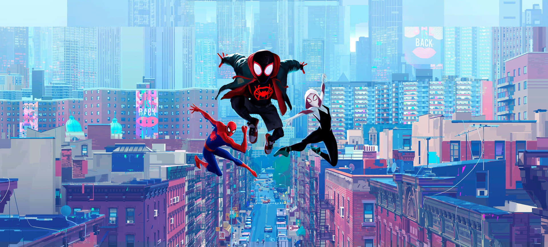 Spider Verse Trio Swinging Through City Wallpaper