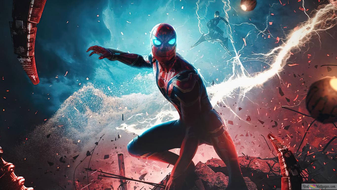 Spiderman med sit ikoniske spind i et 1366x768 dimension Wallpaper