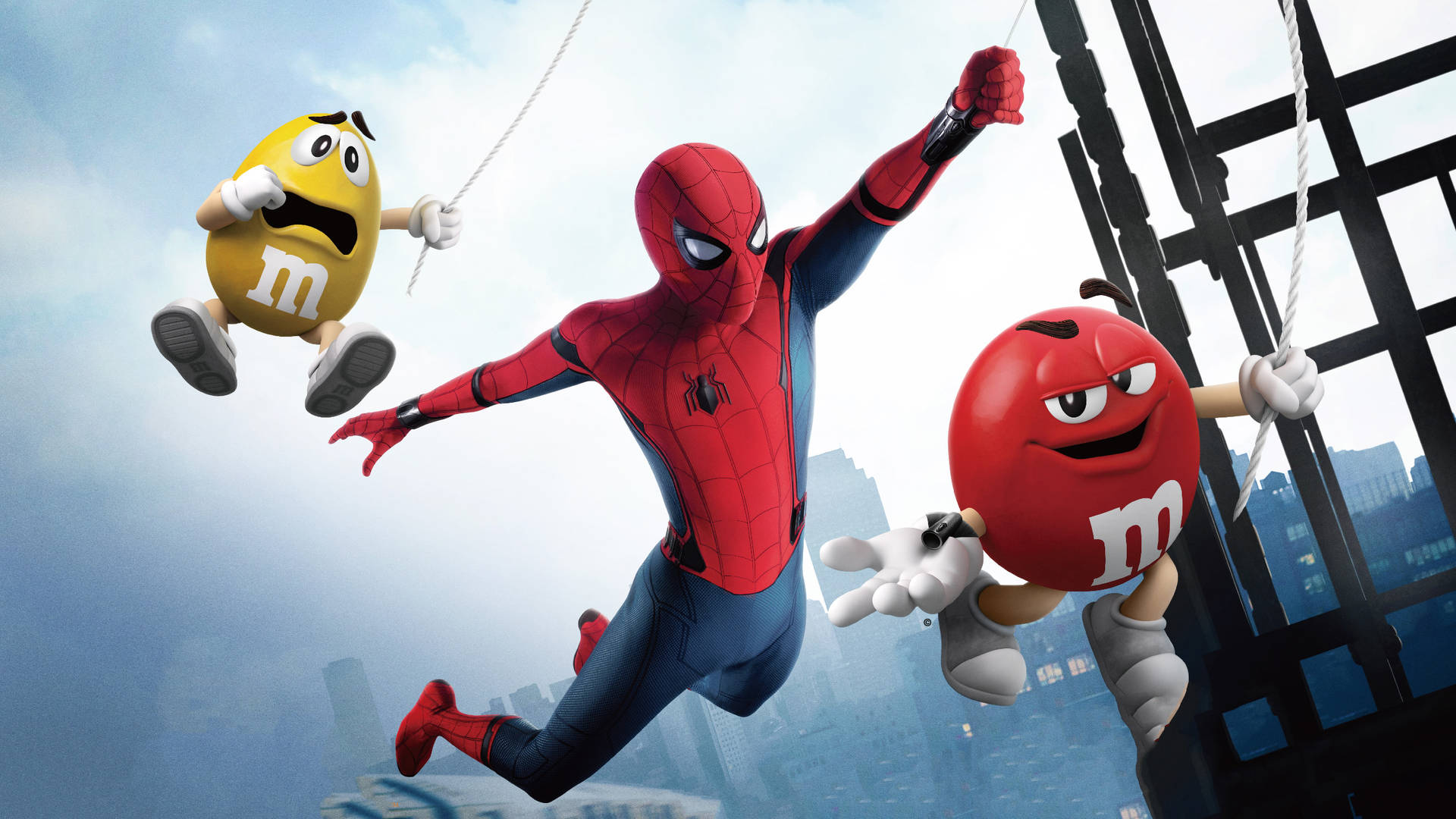 Spiderman takes a break from the the superhero life with M&M's candy Wallpaper