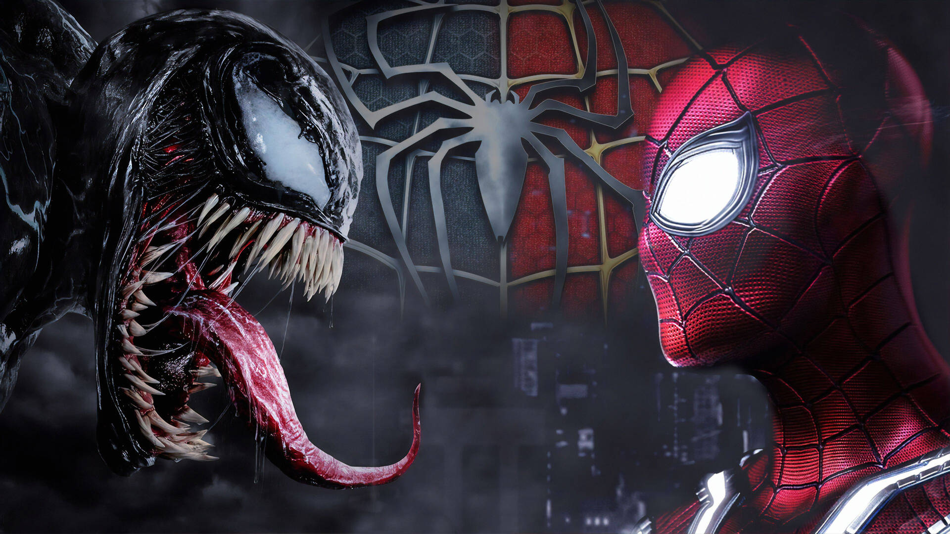 Spiderman and venom facing each other on a dark black background.