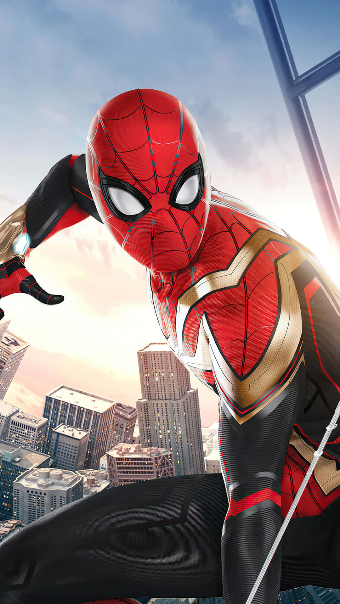 Spiderman heroically swings through the city skyline