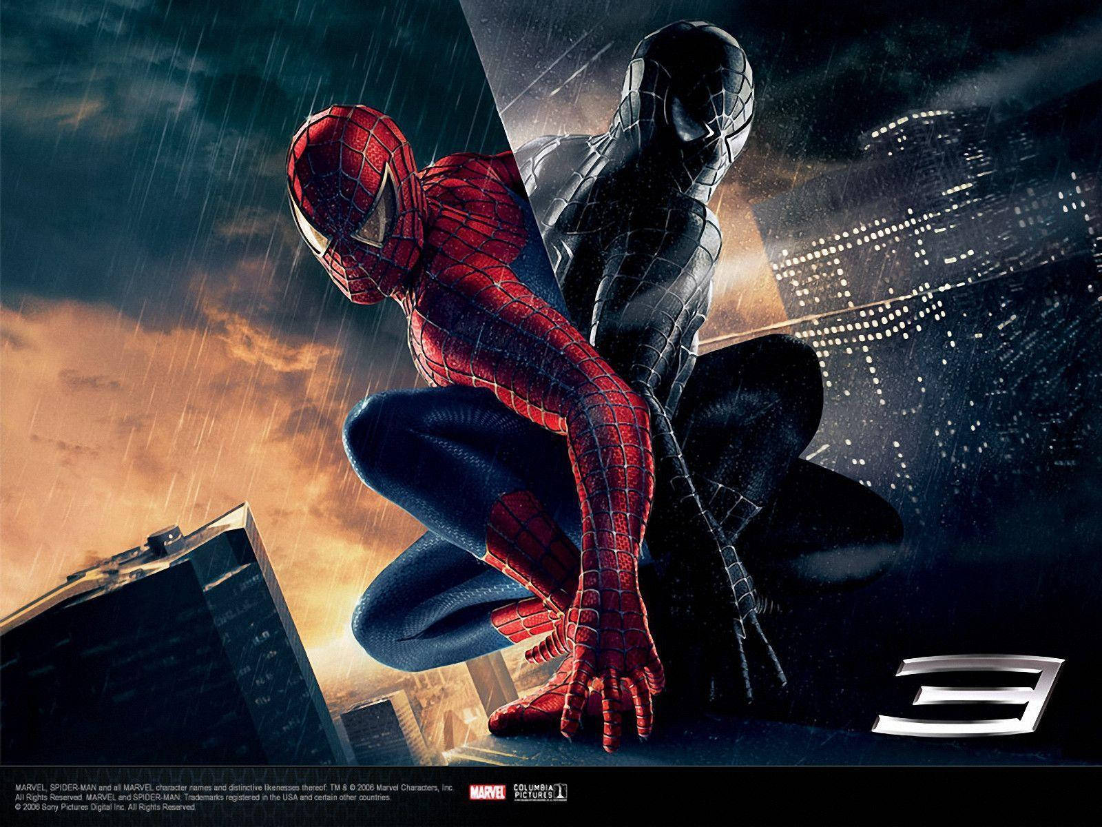 Spiderman red and black, enemy on a dark city background.