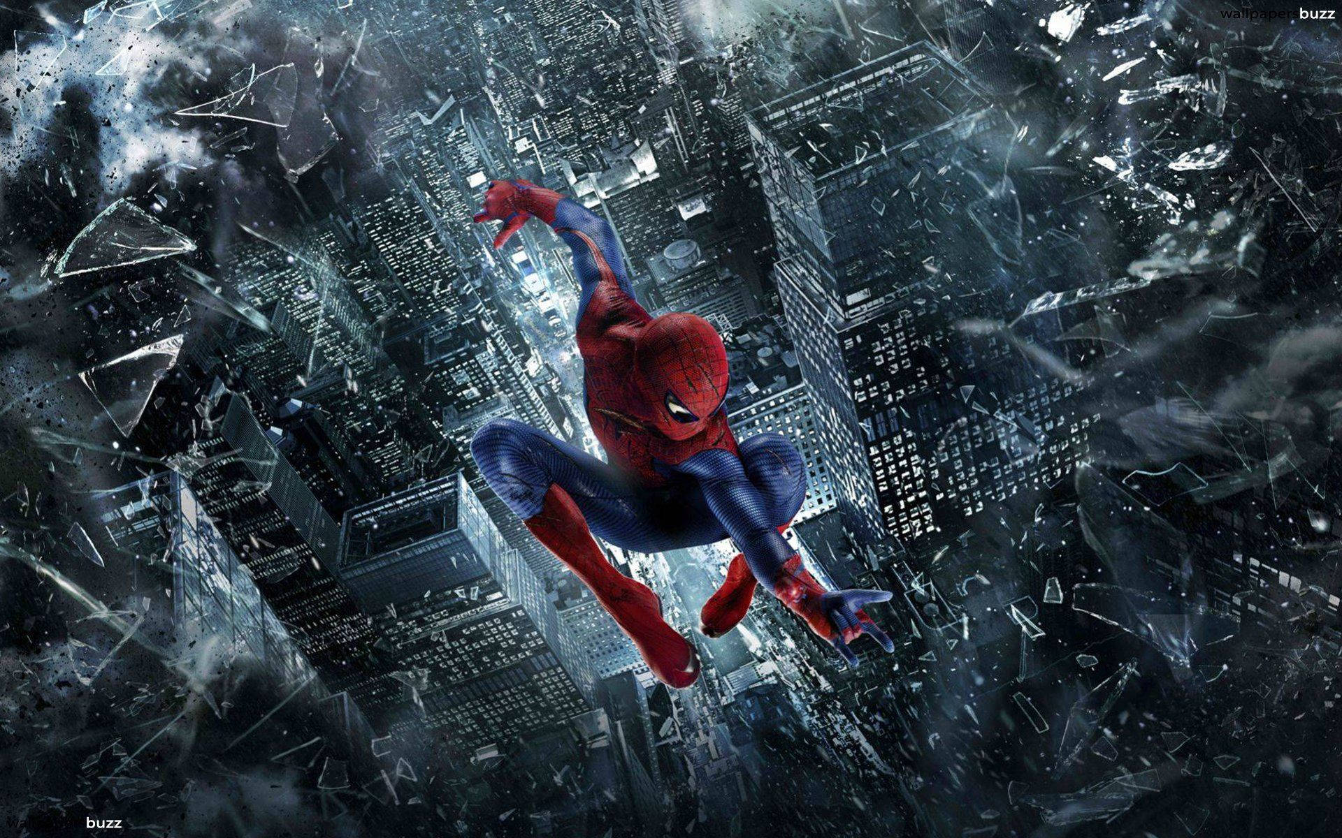 Spiderman in action with broken glass in the background of city at night.