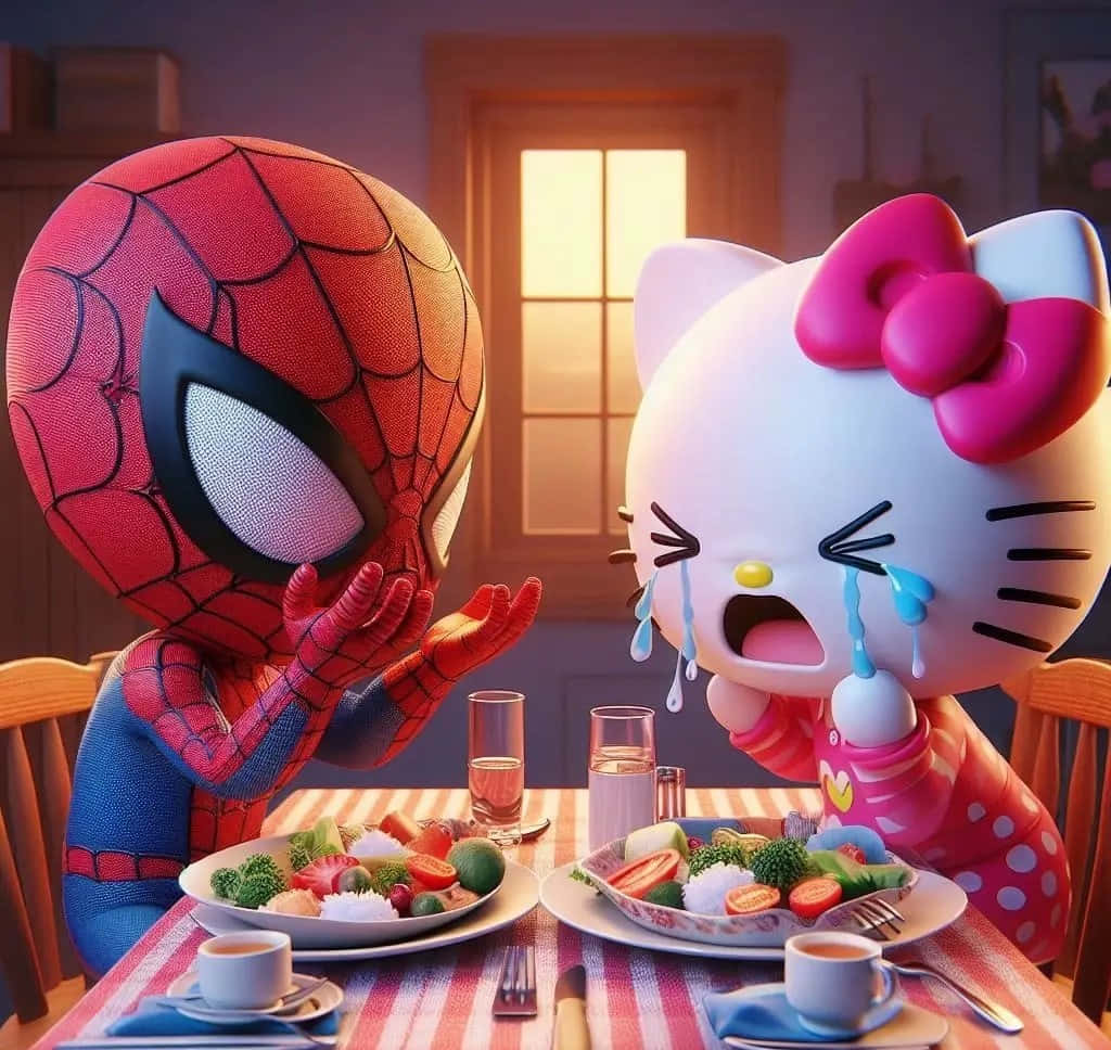 Spiderman Consoling Hello Kitty Wallpaper