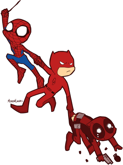 Spiderman Daredevil Deadpool Cartoon Crossover PNG