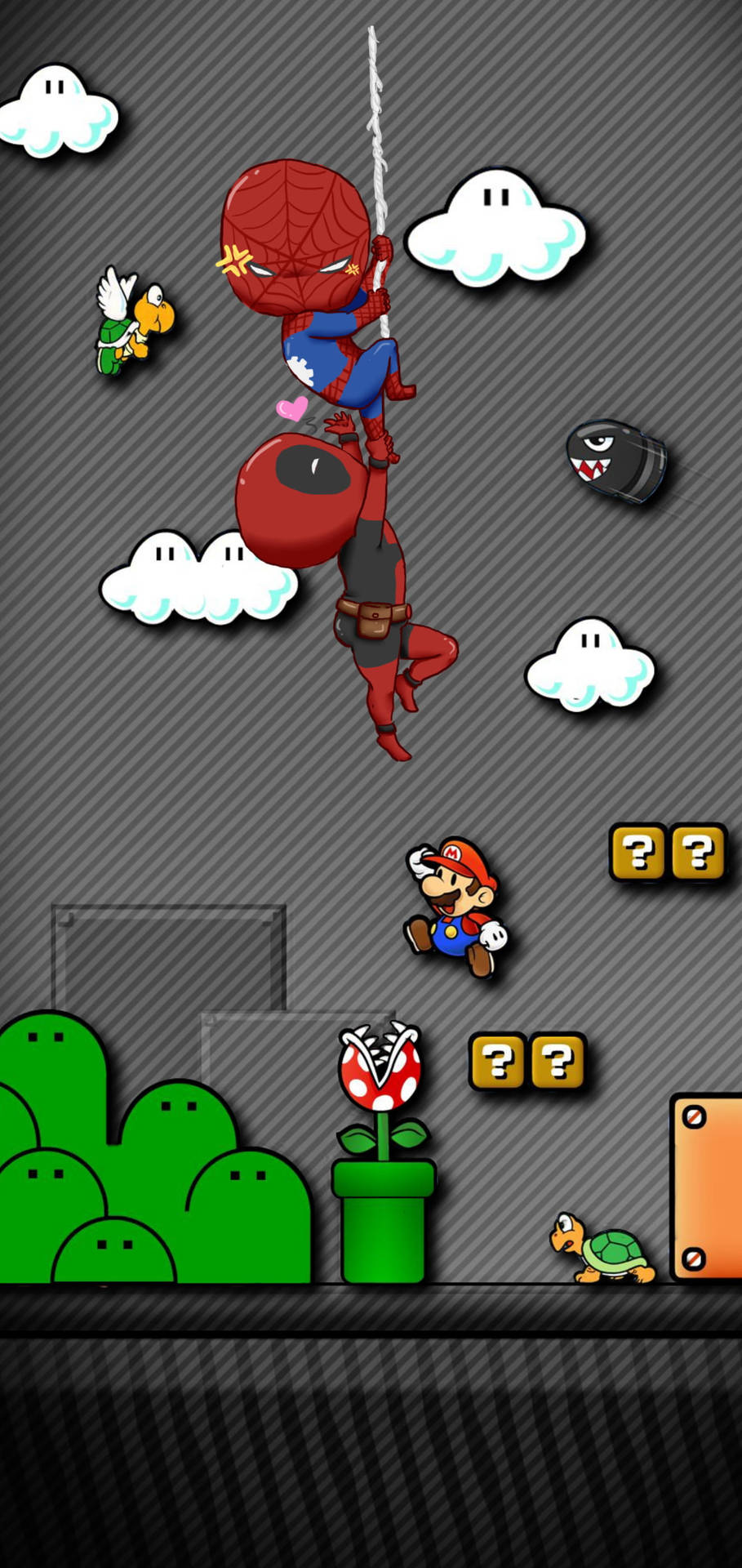 Spiderman Deadpool And Mario Middle Punch Hole Wallpaper