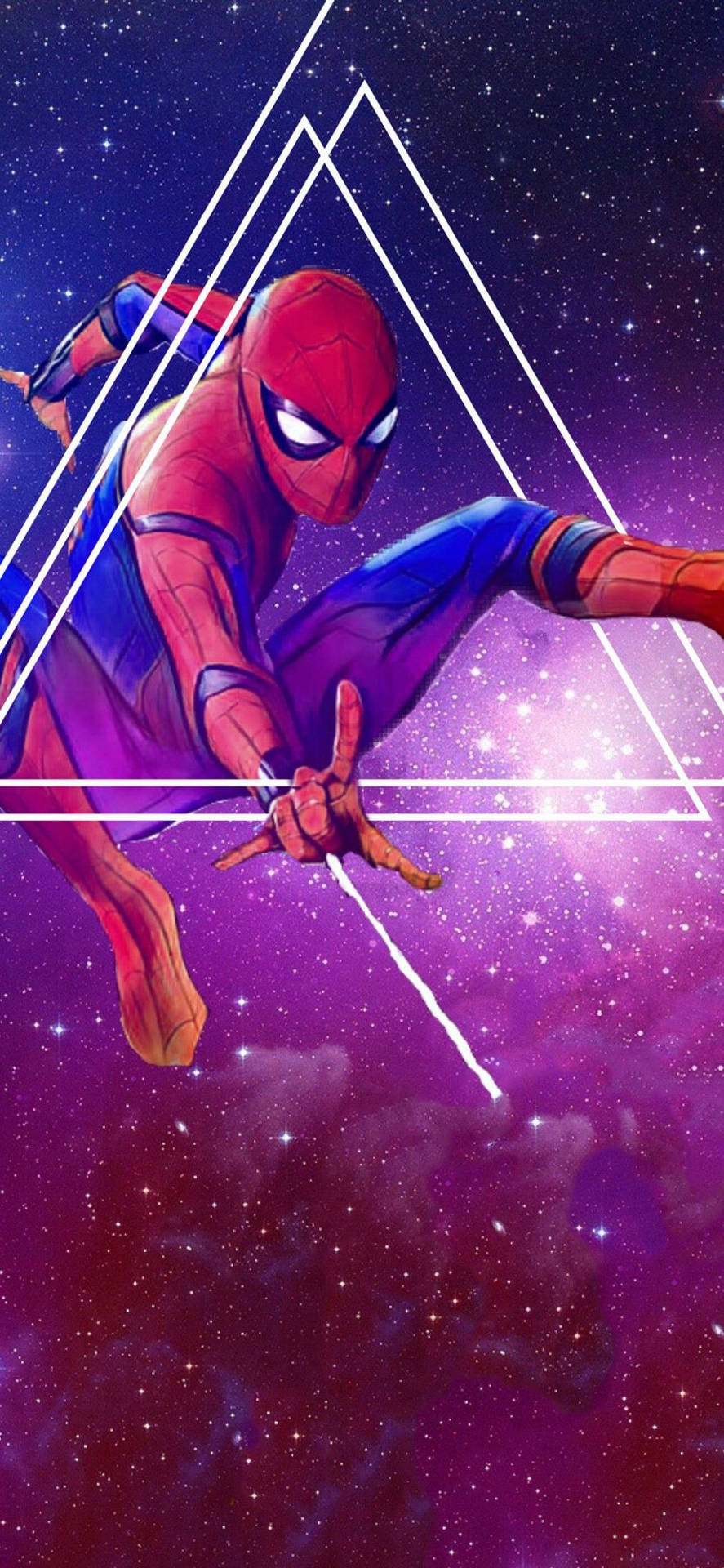 Spiderman marvel hero using his power, releasing spider web in a purple galaxy background.