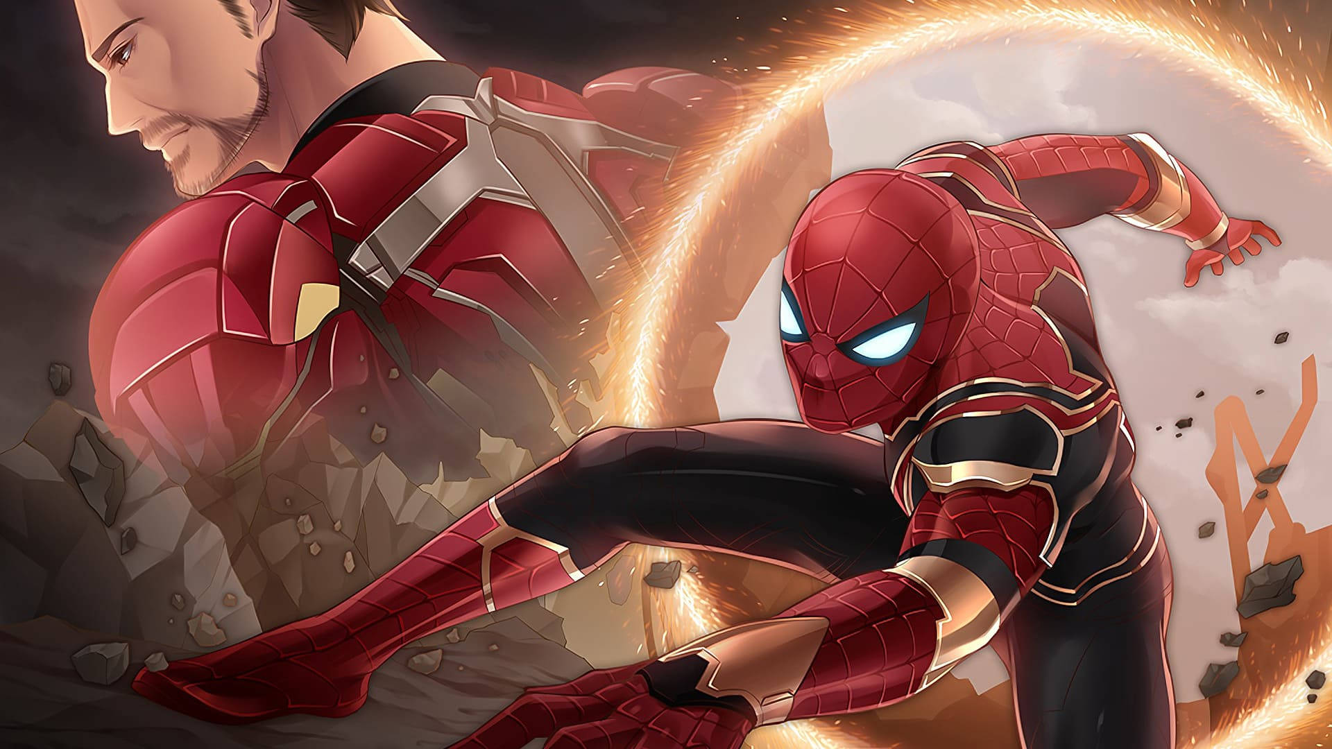 Spiderman In Metal Suit And Iron Man Background