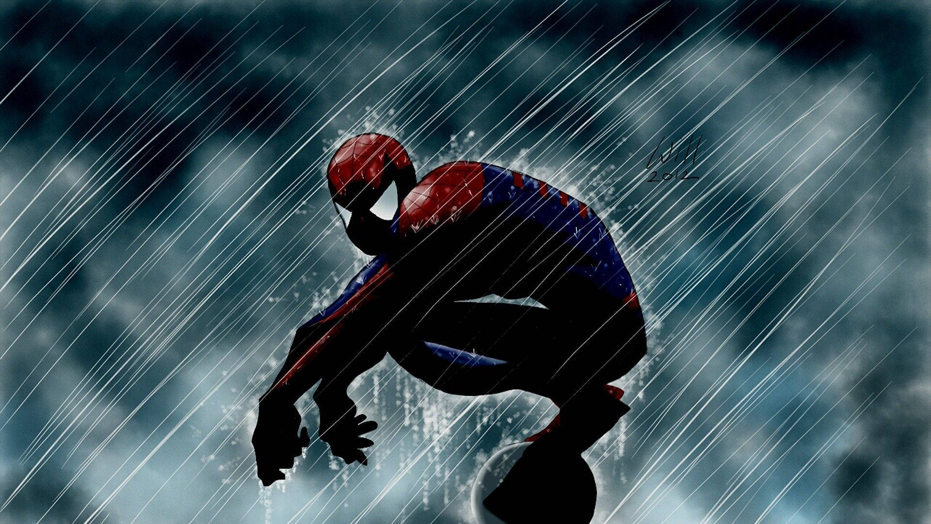 Spiderman sitting outside and getting soaked in the rain. 
