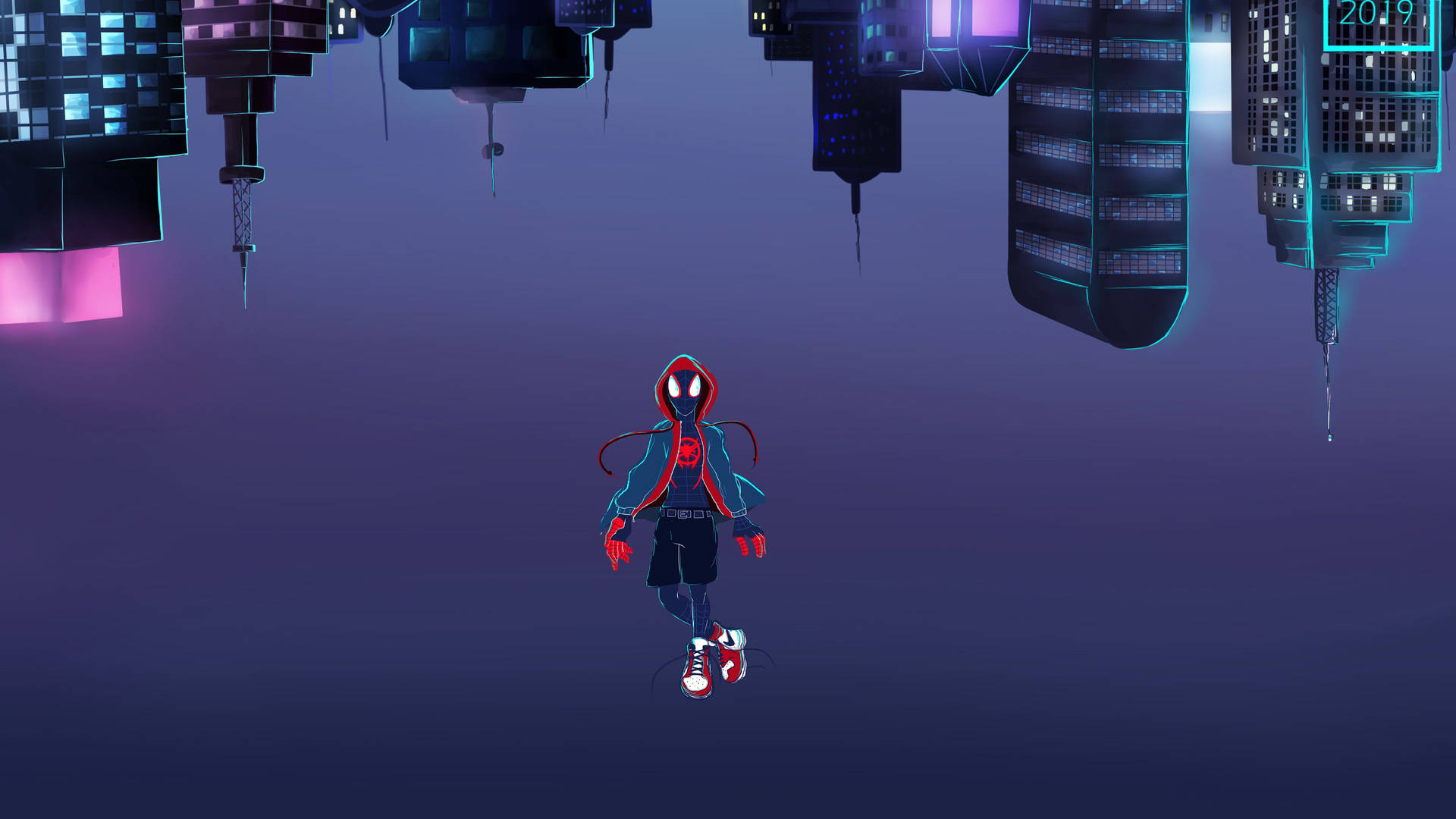 Spiderman wearing blue jacket and sneakers floating on an upside down city.