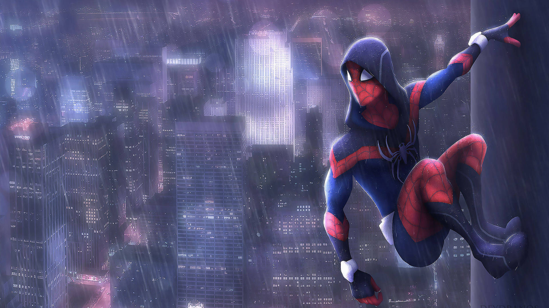 Spiderman On The Building In Rainy Day