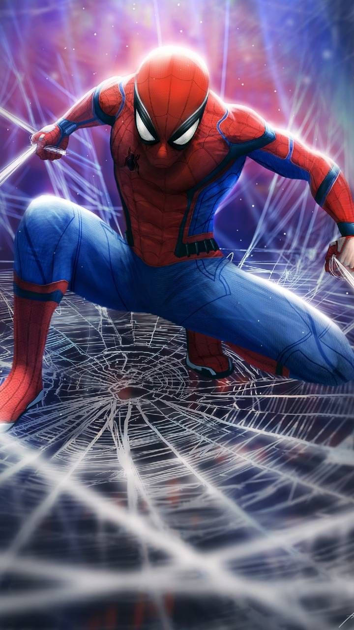 Spidermanbalanceándose Entre Rascacielos Con Una Telaraña Fondo de pantalla
