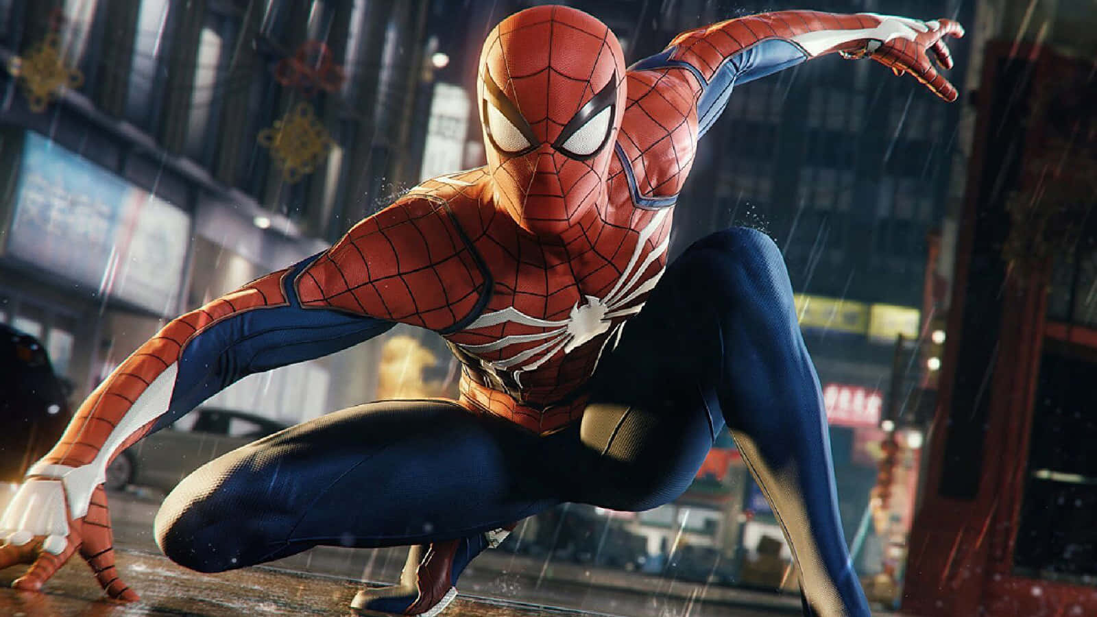 Spidermankauert Auf Einem Wolkenkratzer In New York City.