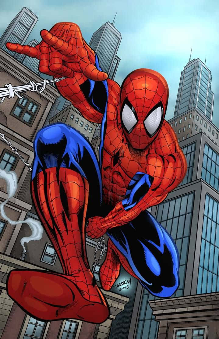 Derikonische Netzschwinger Spiderman Erstreckt Sich Von Seinem Wolkenkratzer-platz Aus.