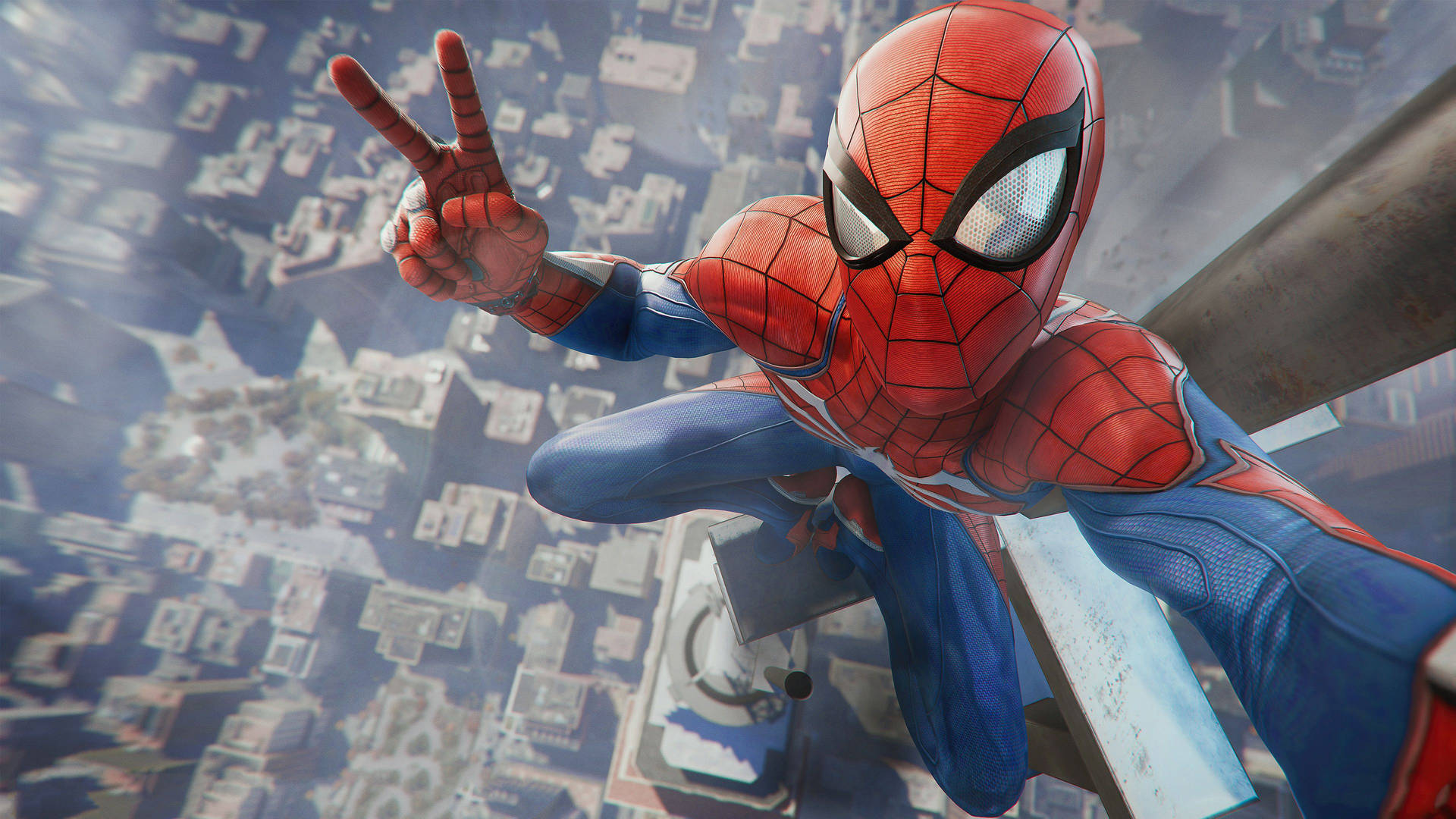 Spiderman on top of a building looking up and taking a selfie with a piece hand sign showing the top view of the city.